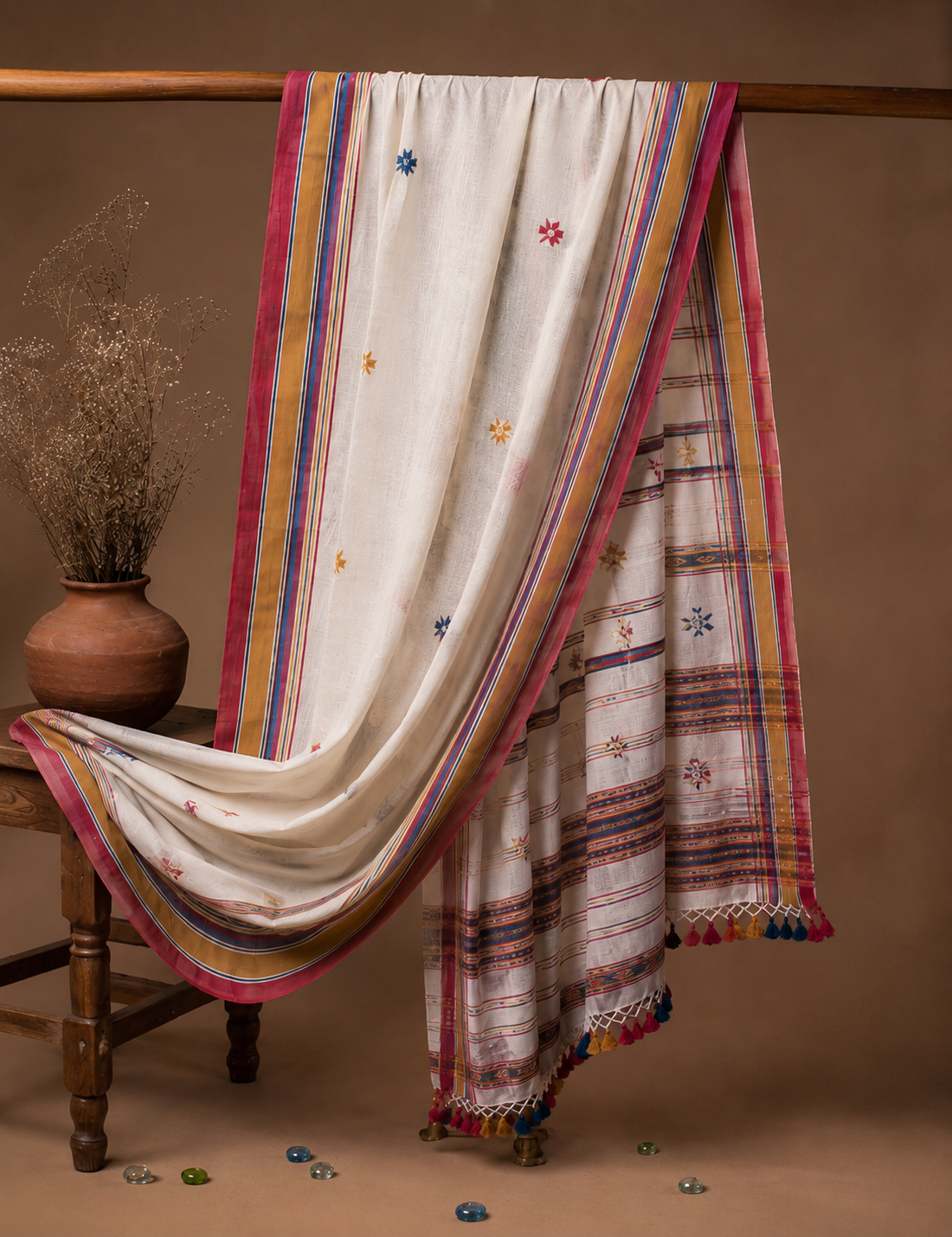 Cream-White Bhujodi Handwoven Kala Cotton Saree with Multi-colored Motifs