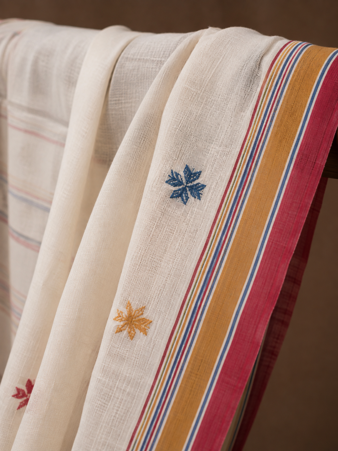 Cream-White Bhujodi Handwoven Kala Cotton Saree with Multi-colored Motifs