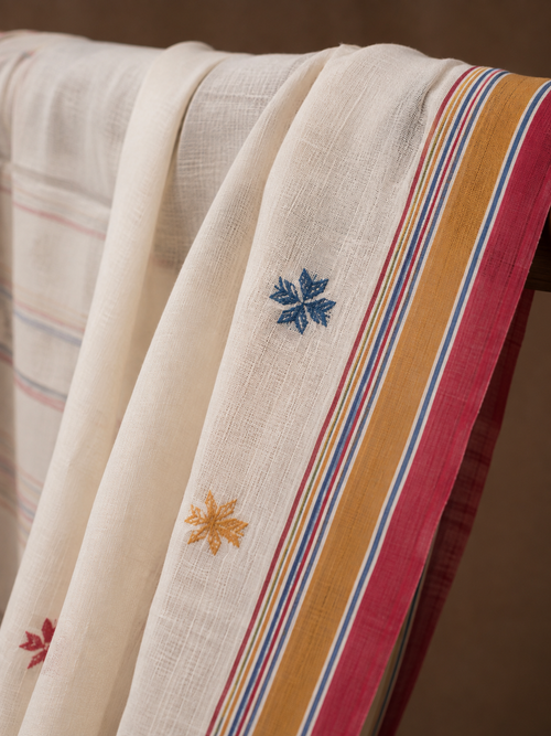 Cream-White Bhujodi Handwoven Kala Cotton Saree with Multi-colored Motifs
