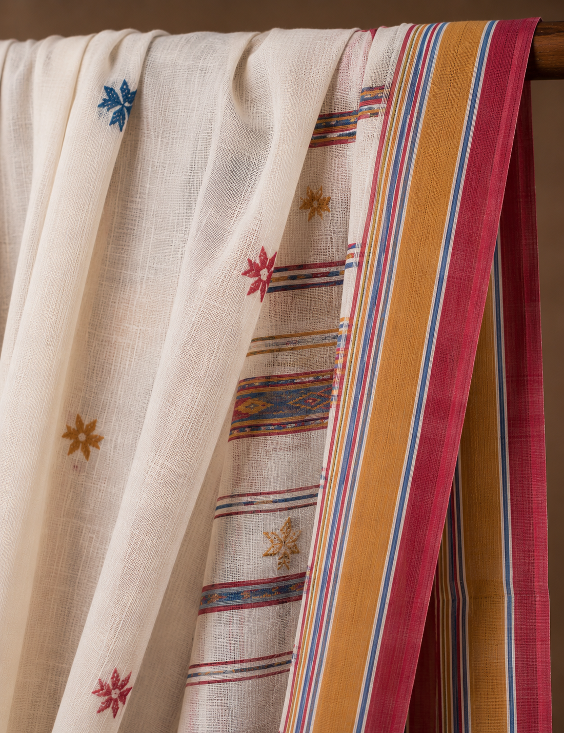 Cream-White Bhujodi Handwoven Kala Cotton Saree with Multi-colored Motifs