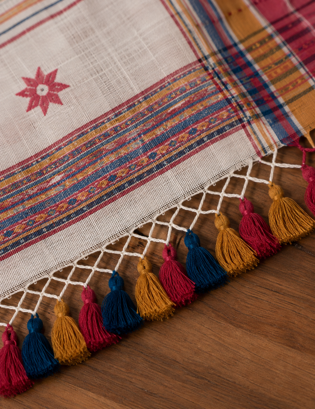 Cream-White Bhujodi Handwoven Kala Cotton Saree with Multi-colored Motifs