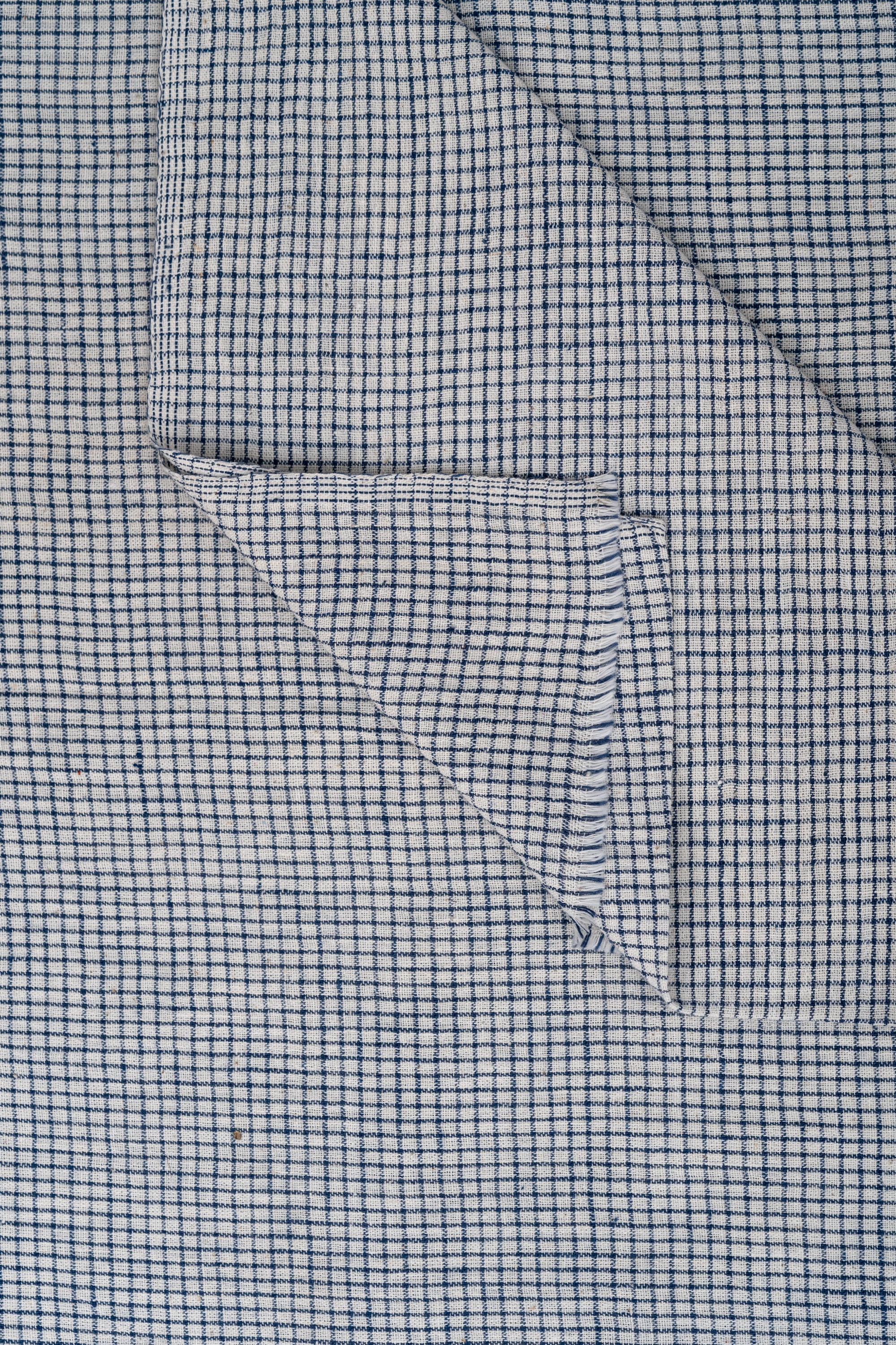 Indigo Blue and Natural Off-White Grid-Checked Bhujodi Handwoven Kala Cotton Fabric