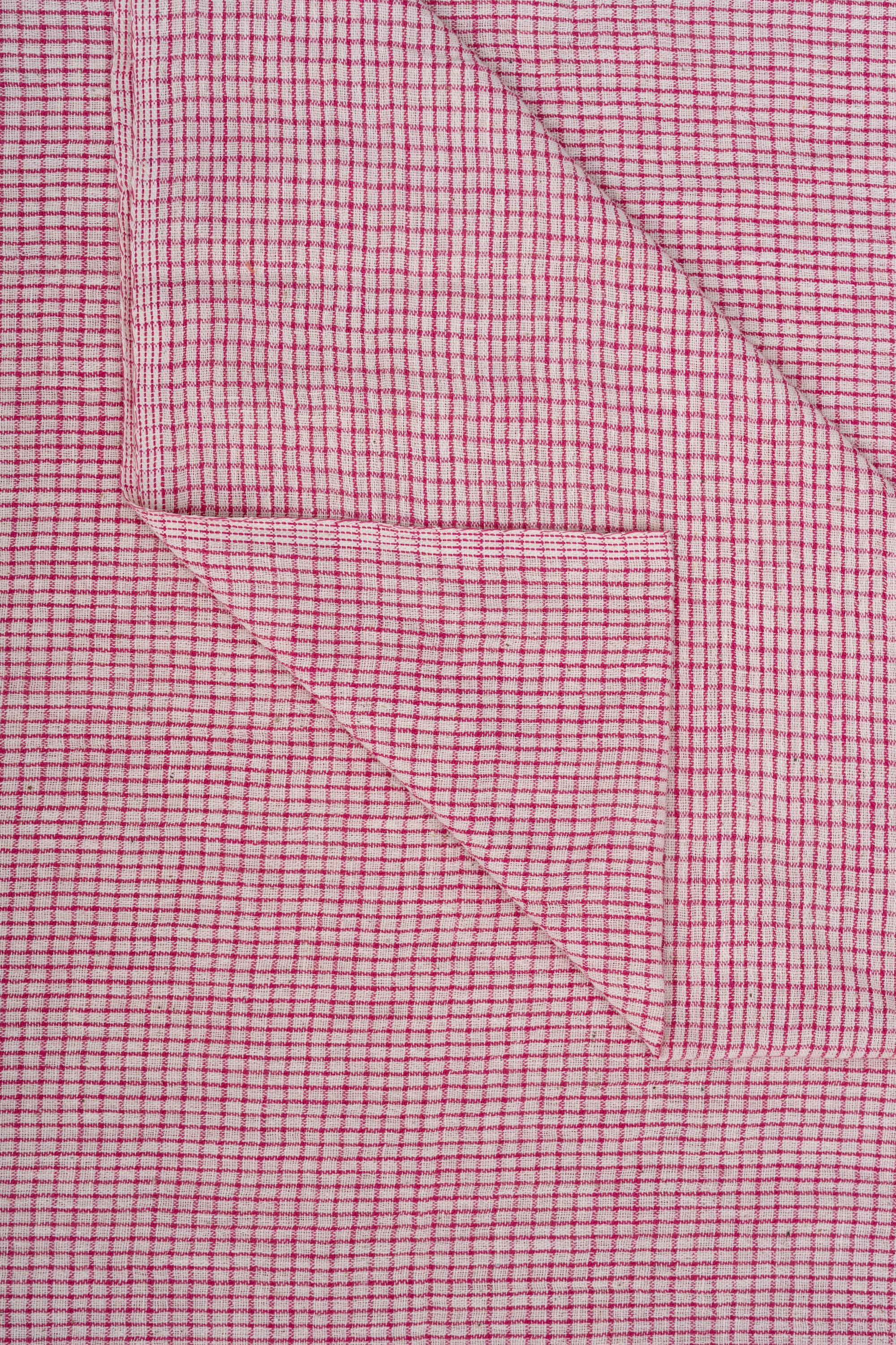 Pink & Off-White Checked Bhujodi Handwoven Kala Cotton Fabric