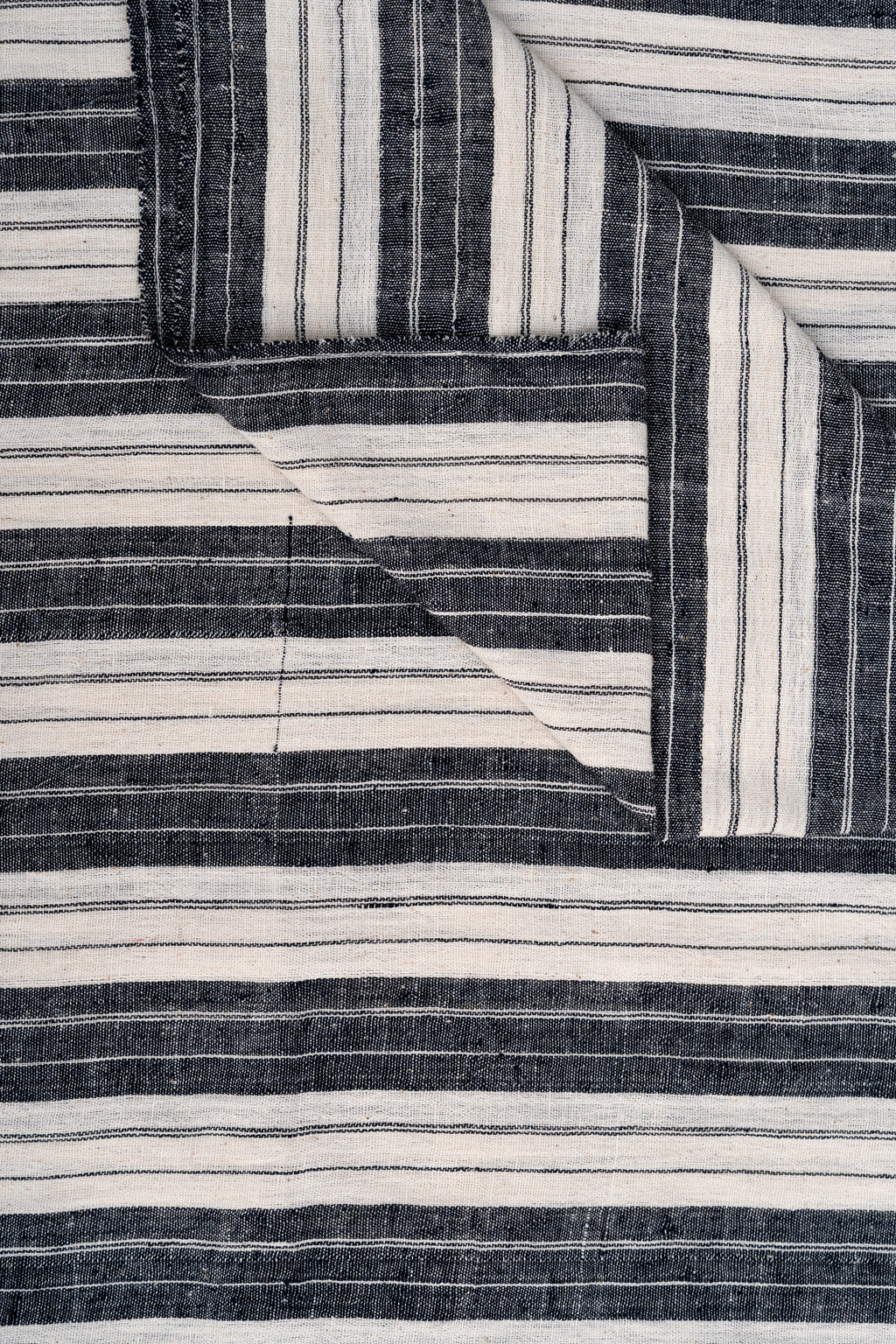 Charcoal Black and Natural Off-White Striped Bhujodi Handwoven Kala Cotton Fabric