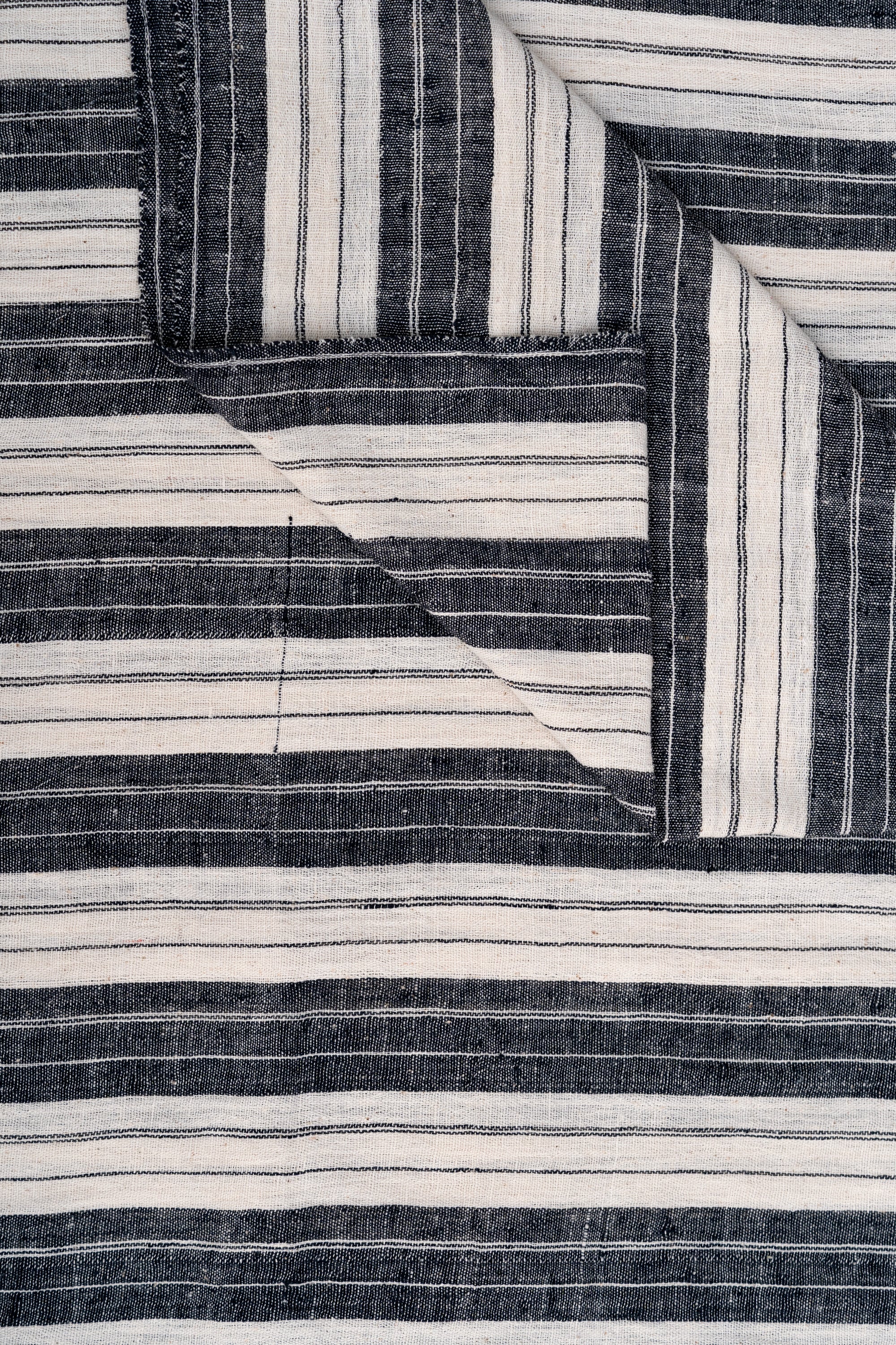 Charcoal Black and Natural Off-White Striped Bhujodi Handwoven Kala Cotton Fabric