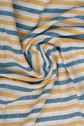 Yellow, Teal Blue and Natural Off-White Striped Bhujodi Handwoven Kala Cotton Fabric