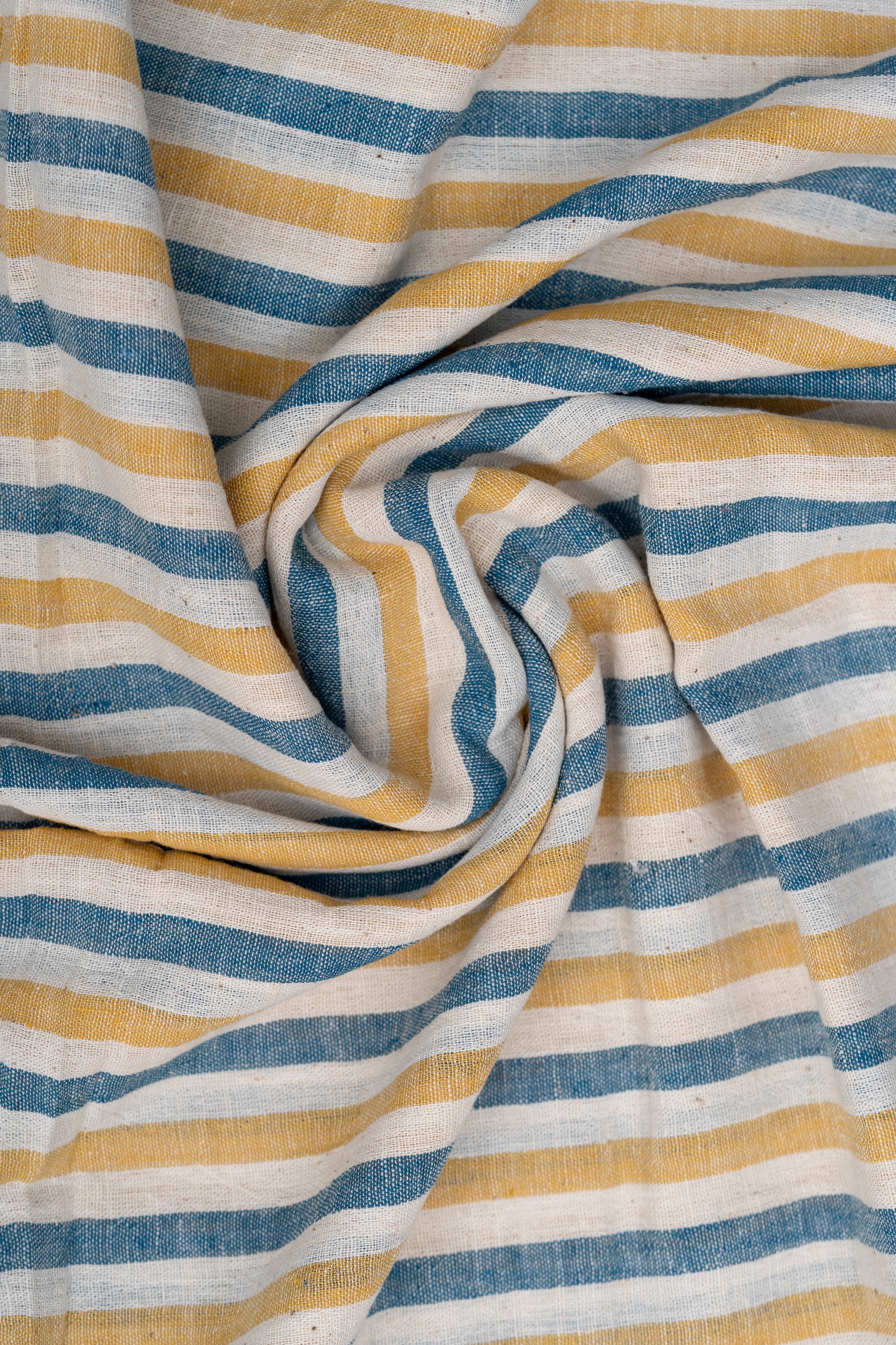 Yellow, Teal Blue and Natural Off-White Striped Bhujodi Handwoven Kala Cotton Fabric