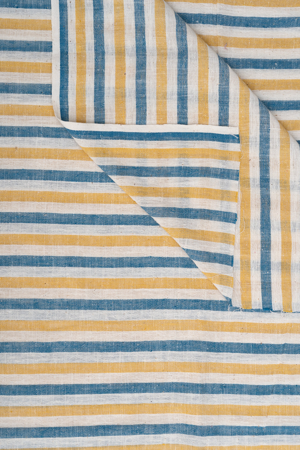 Yellow, Teal Blue and Natural Off-White Striped Bhujodi Handwoven Kala Cotton Fabric