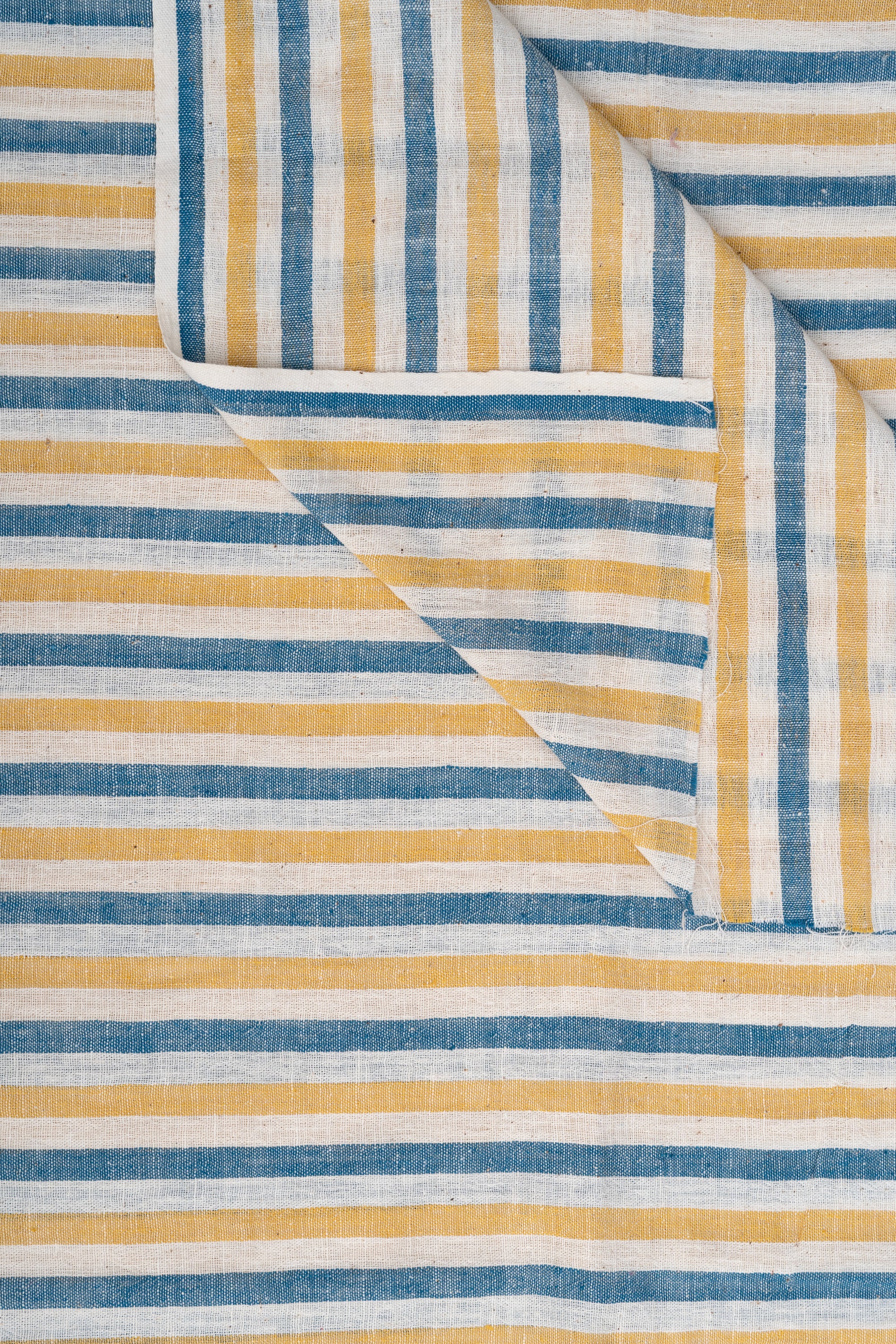 Yellow, Teal Blue and Natural Off-White Striped Bhujodi Handwoven Kala Cotton Fabric