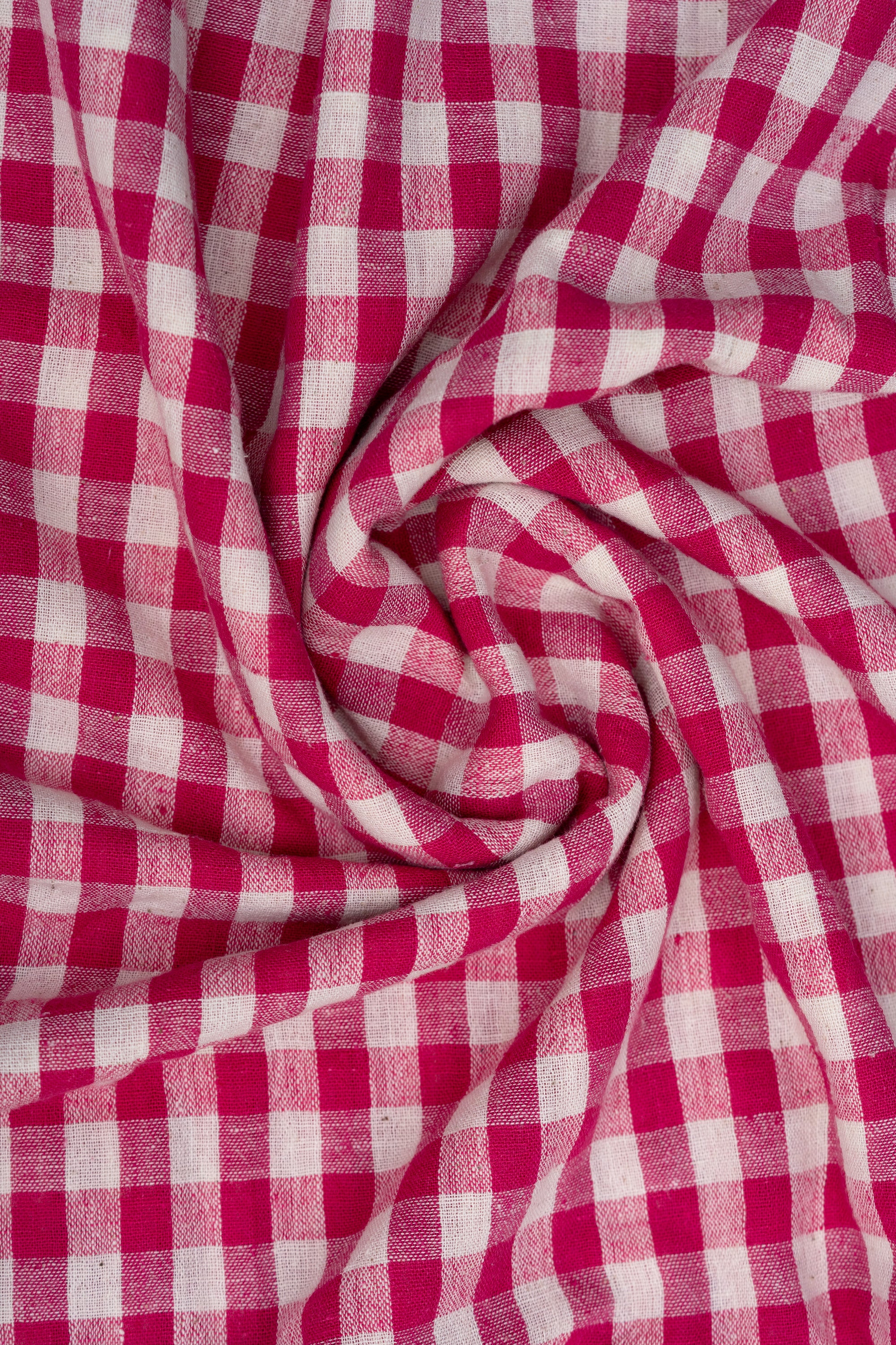 Rose Red & Off-White Gingham Checked Bhujodi Handwoven Kala Cotton Fabric