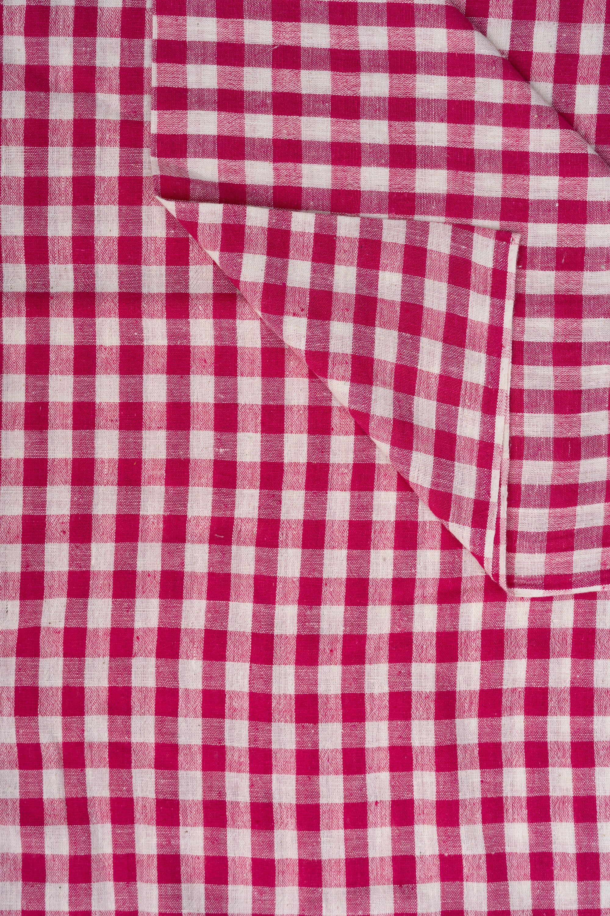 Rose Red & Off-White Gingham Checked Bhujodi Handwoven Kala Cotton Fabric