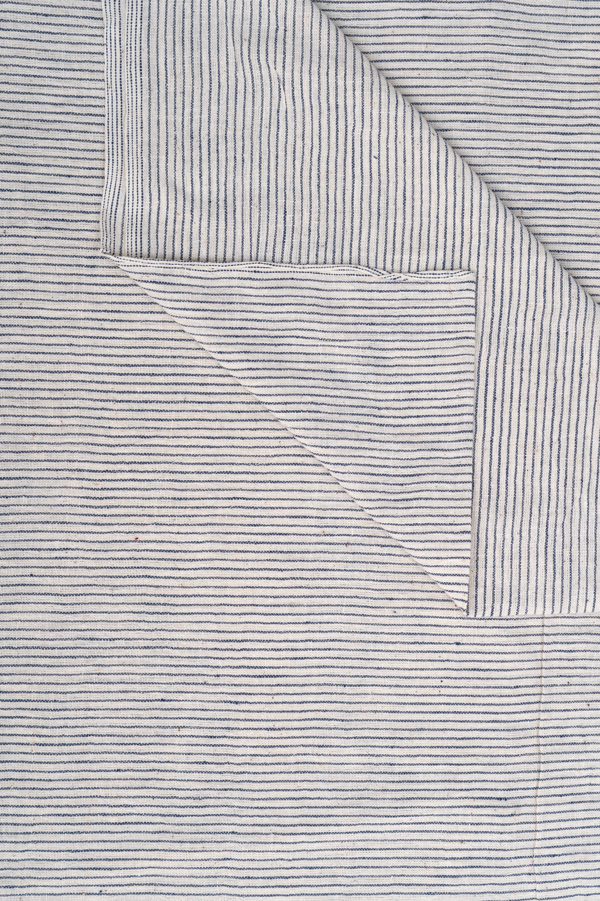 Natural Off-White with Fine Indigo Blue Pinstripes Bhujodi Handwoven Kala Cotton Fabric