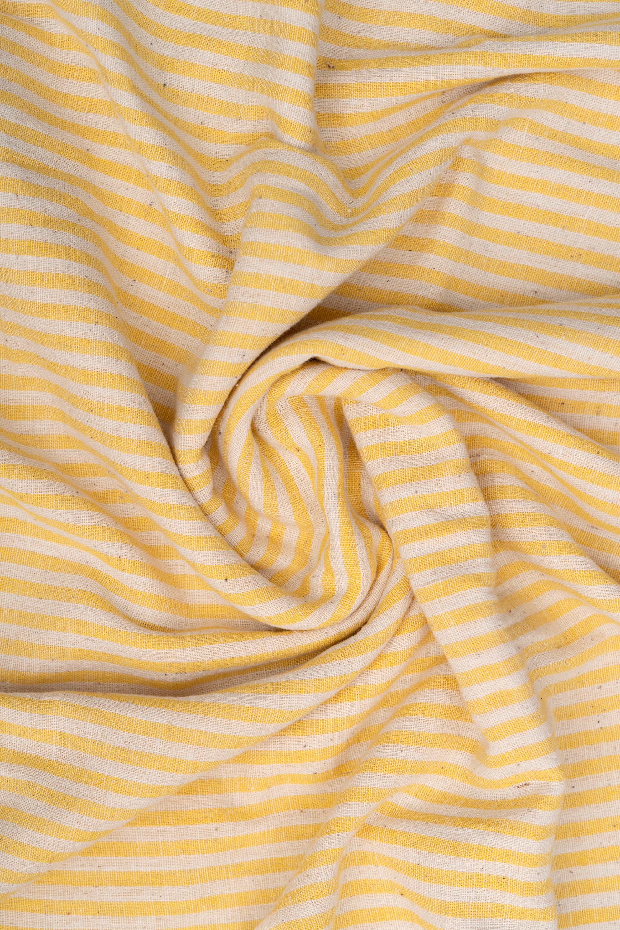 Yellow and Natural Off-White Striped Bhujodi Handwoven Kala Cotton Fabric
