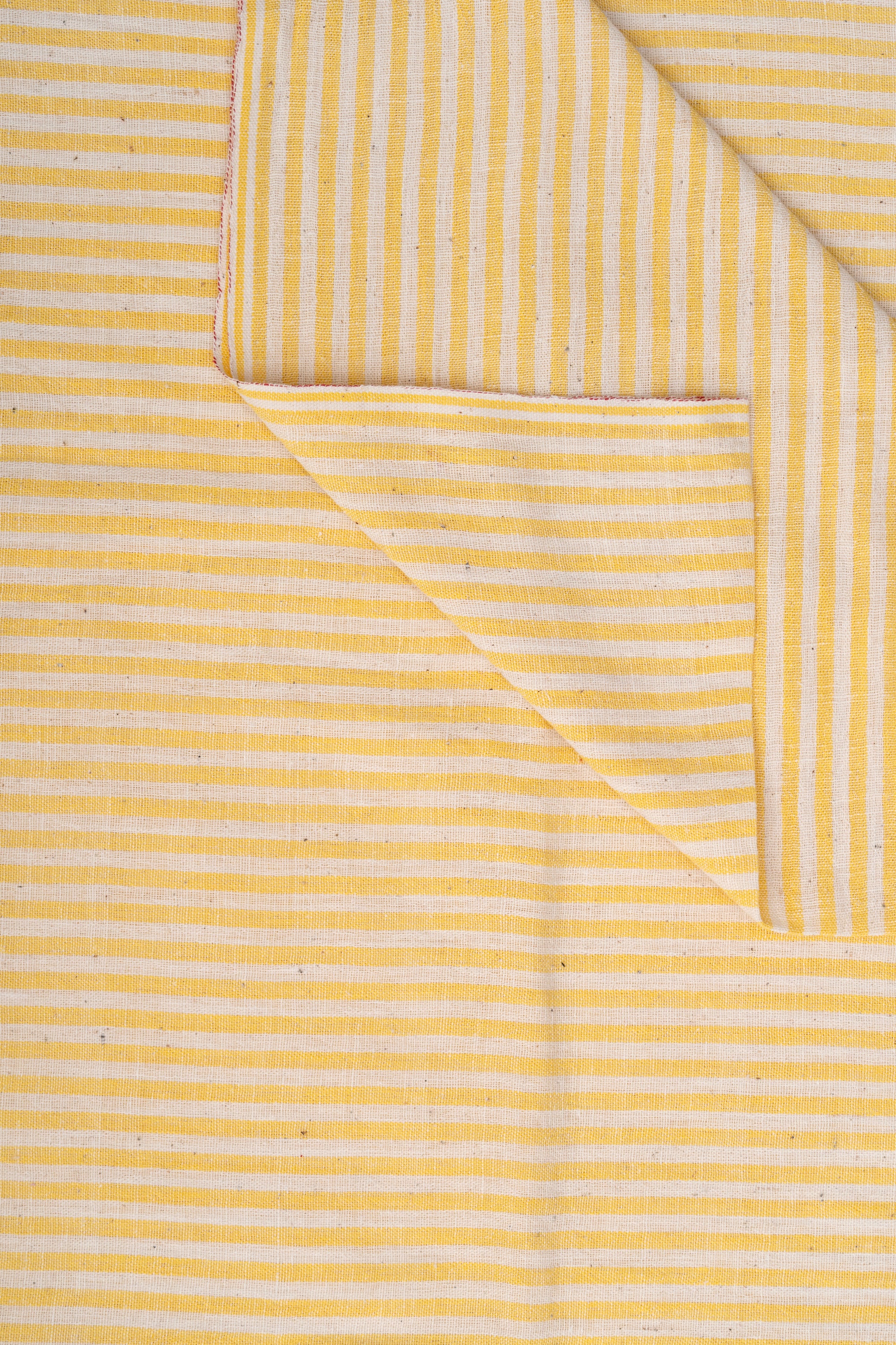 Yellow and Natural Off-White Striped Bhujodi Handwoven Kala Cotton Fabric