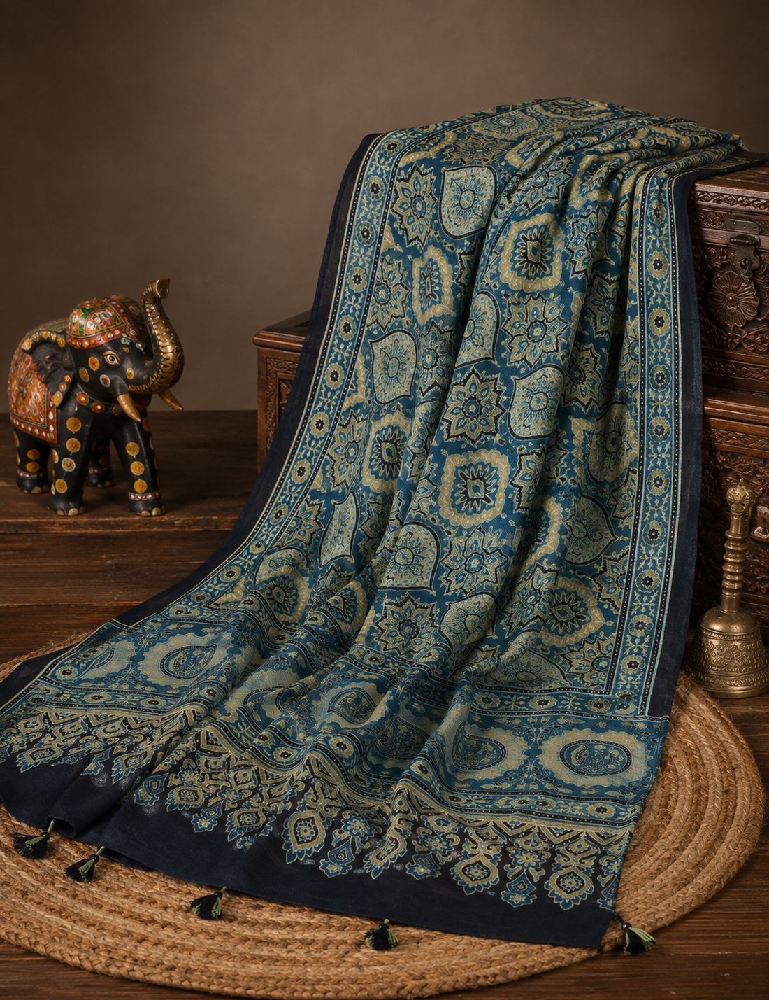 Black & Indigo with Golden Yellow & Cream Ajrakh Hand-Block Print Kala Cotton Stole