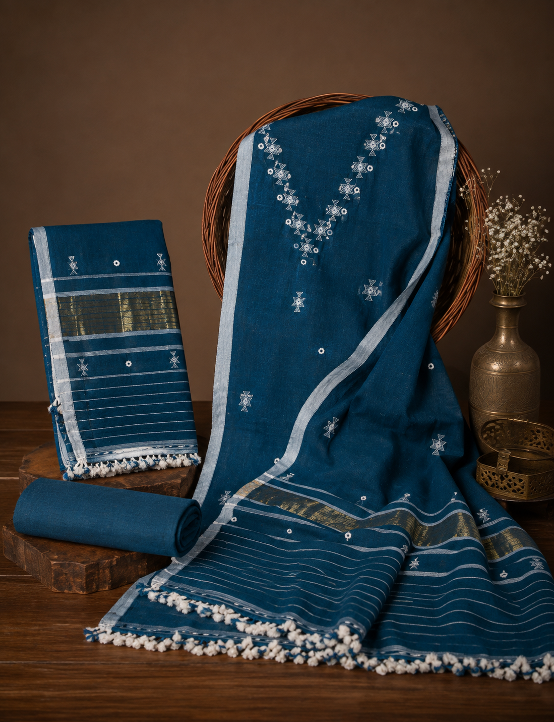 Deep Indigo Blue Bhujodi Handloom Kala Cotton 3PC Unstitched Dress/Suit Material with White Accents