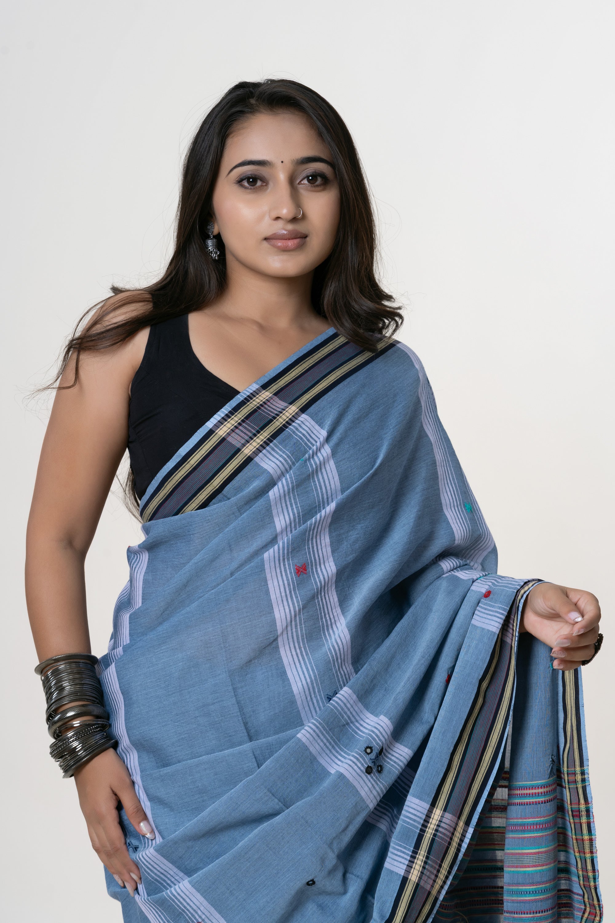 Earthy Sky Blue Bhujodi Handwoven Kala Cotton Saree with Multi-colored Motifs