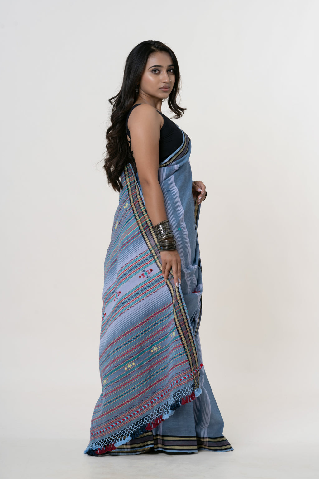 Earthy Sky Blue Bhujodi Handwoven Kala Cotton Saree with Multi-colored Motifs