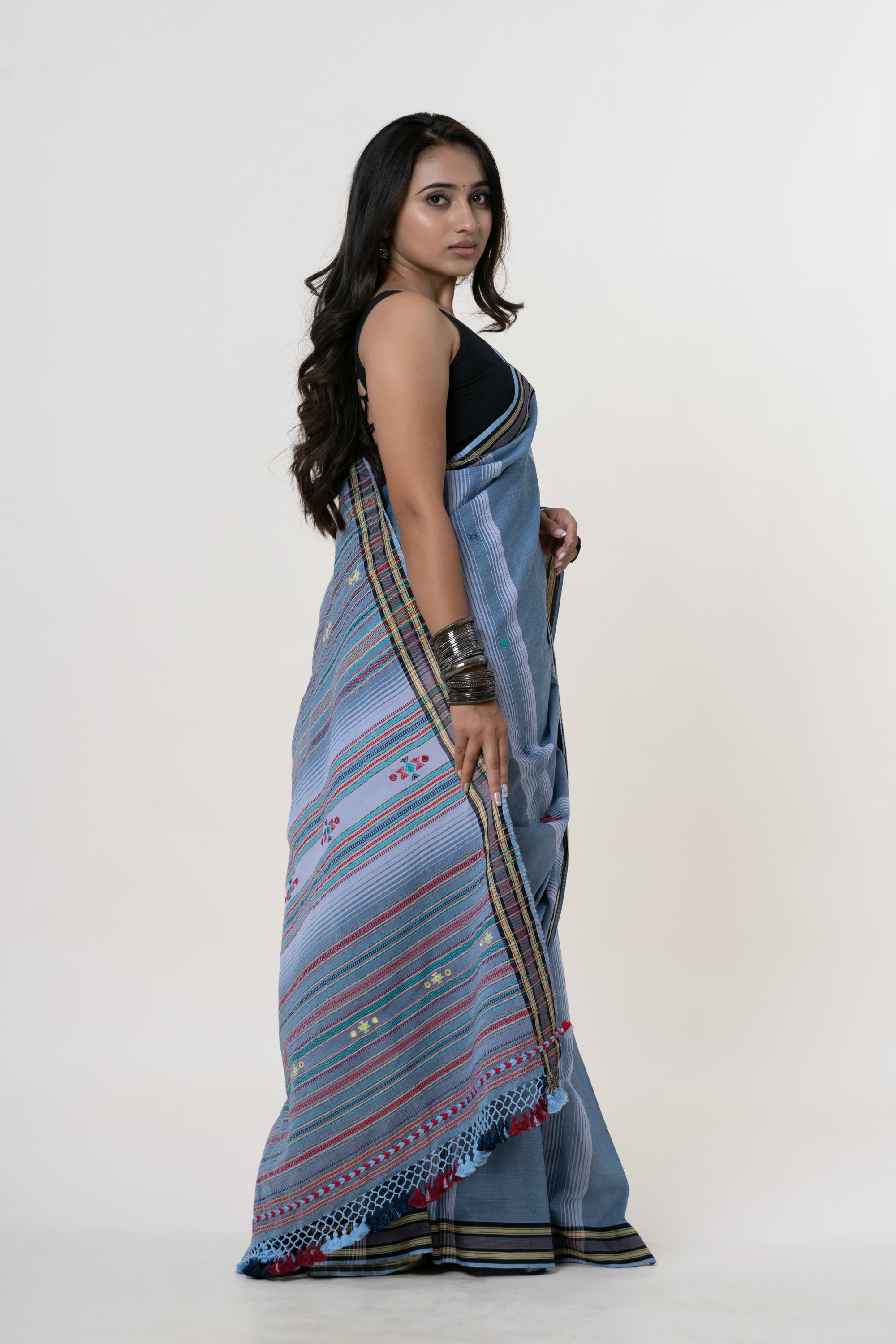 Earthy Sky Blue Bhujodi Handwoven Kala Cotton Saree with Multi-colored Motifs