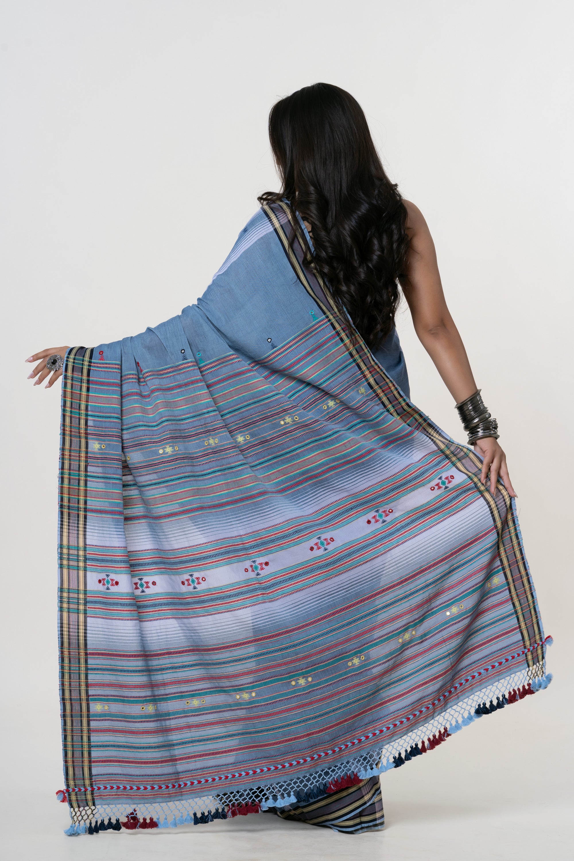 Earthy Sky Blue Bhujodi Handwoven Kala Cotton Saree with Multi-colored Motifs