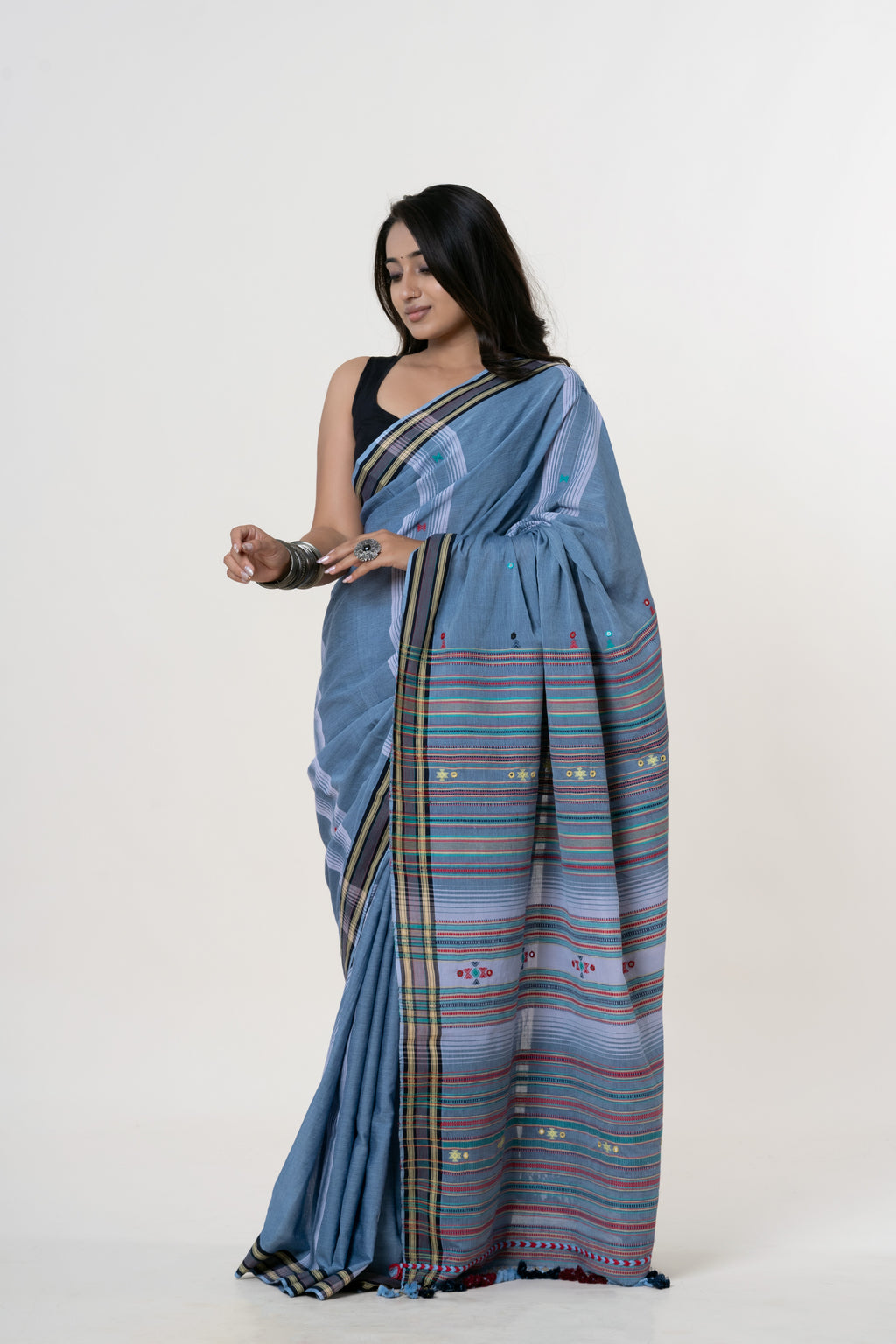 Earthy Sky Blue Bhujodi Handwoven Kala Cotton Saree with Multi-colored Motifs