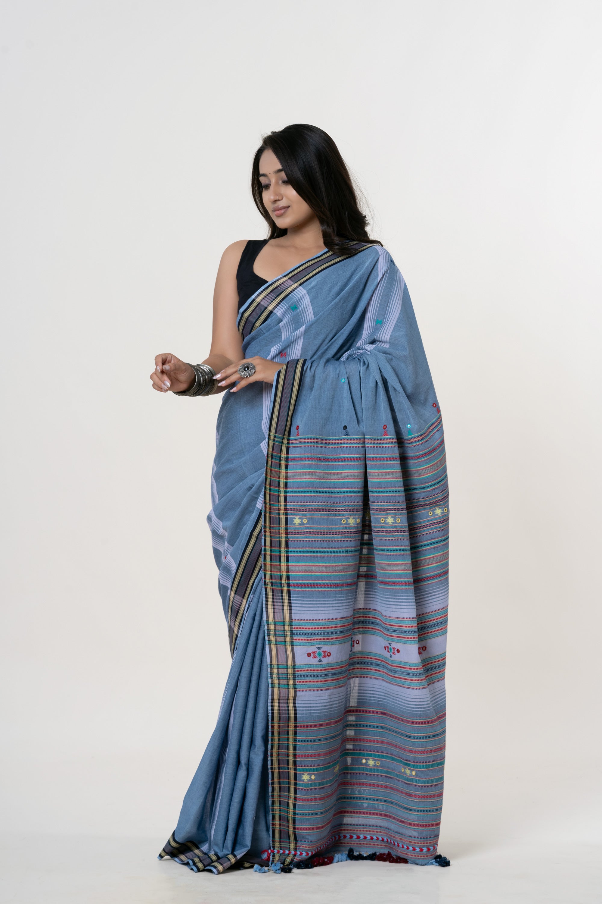 Earthy Sky Blue Bhujodi Handwoven Kala Cotton Saree with Multi-colored Motifs
