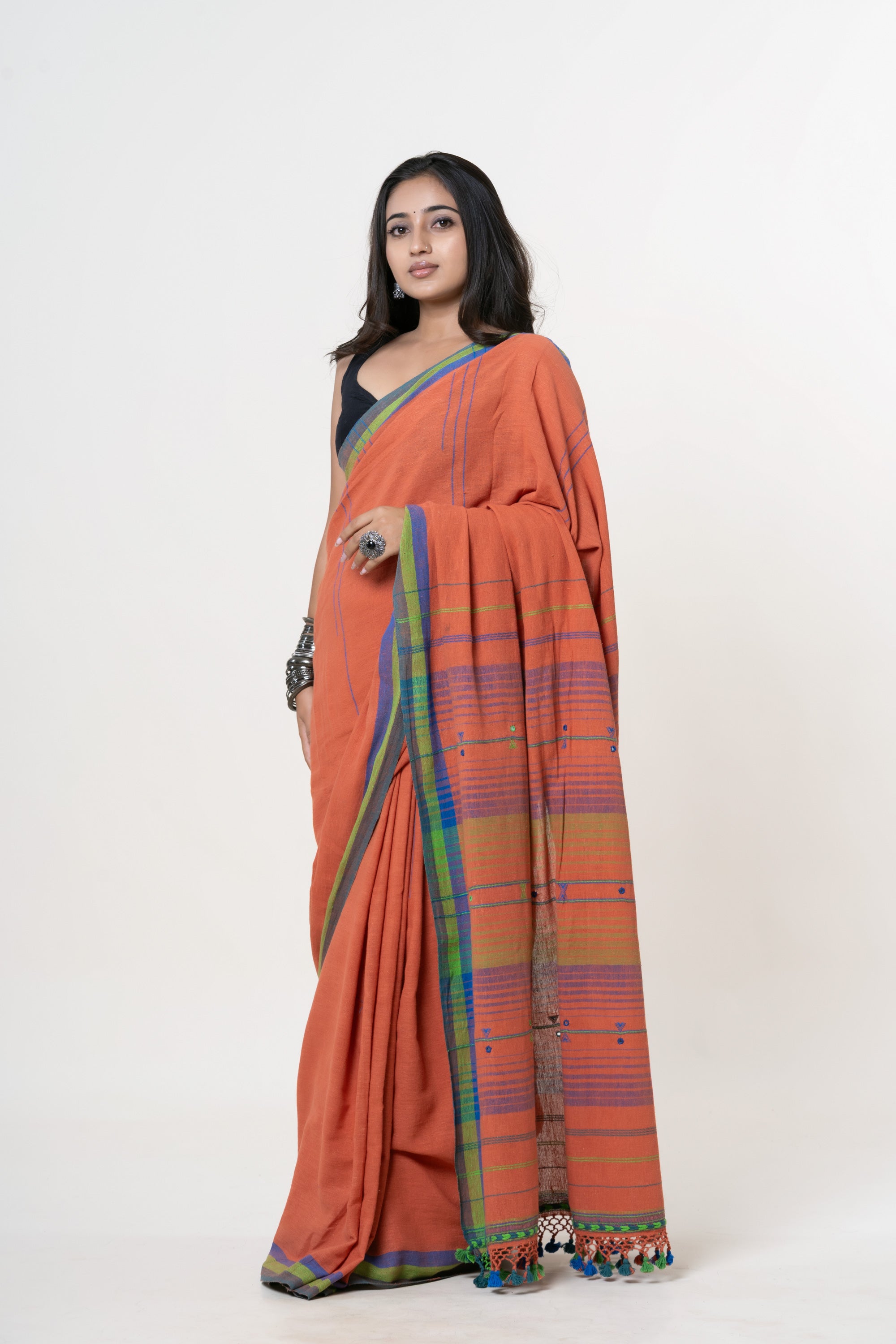 Deep Terracotta Orange Bhujodi Handwoven Kala Cotton Saree with Cobalt Blue and Lime Green Motifs