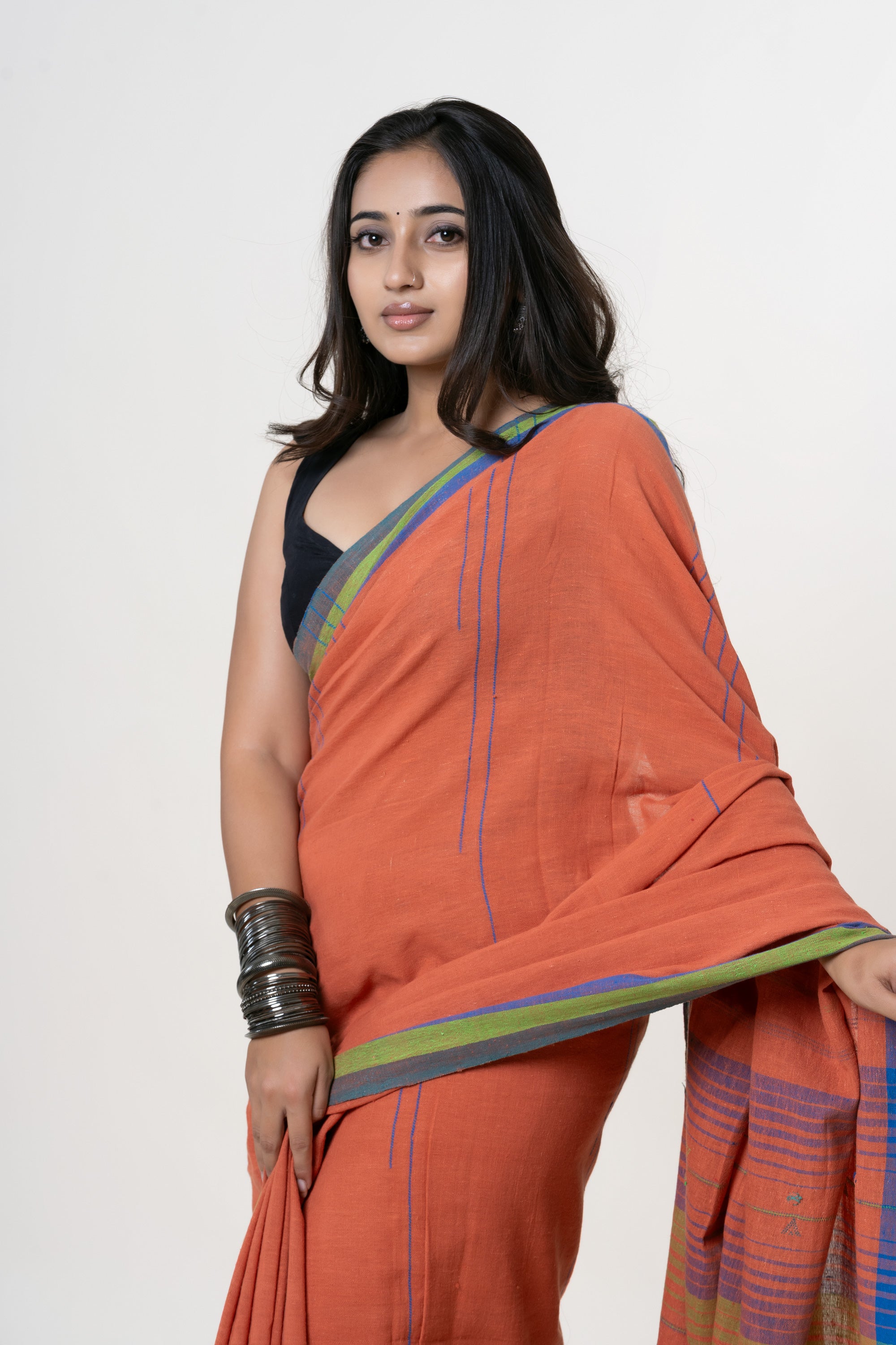 Deep Terracotta Orange Bhujodi Handwoven Kala Cotton Saree with Cobalt Blue and Lime Green Motifs