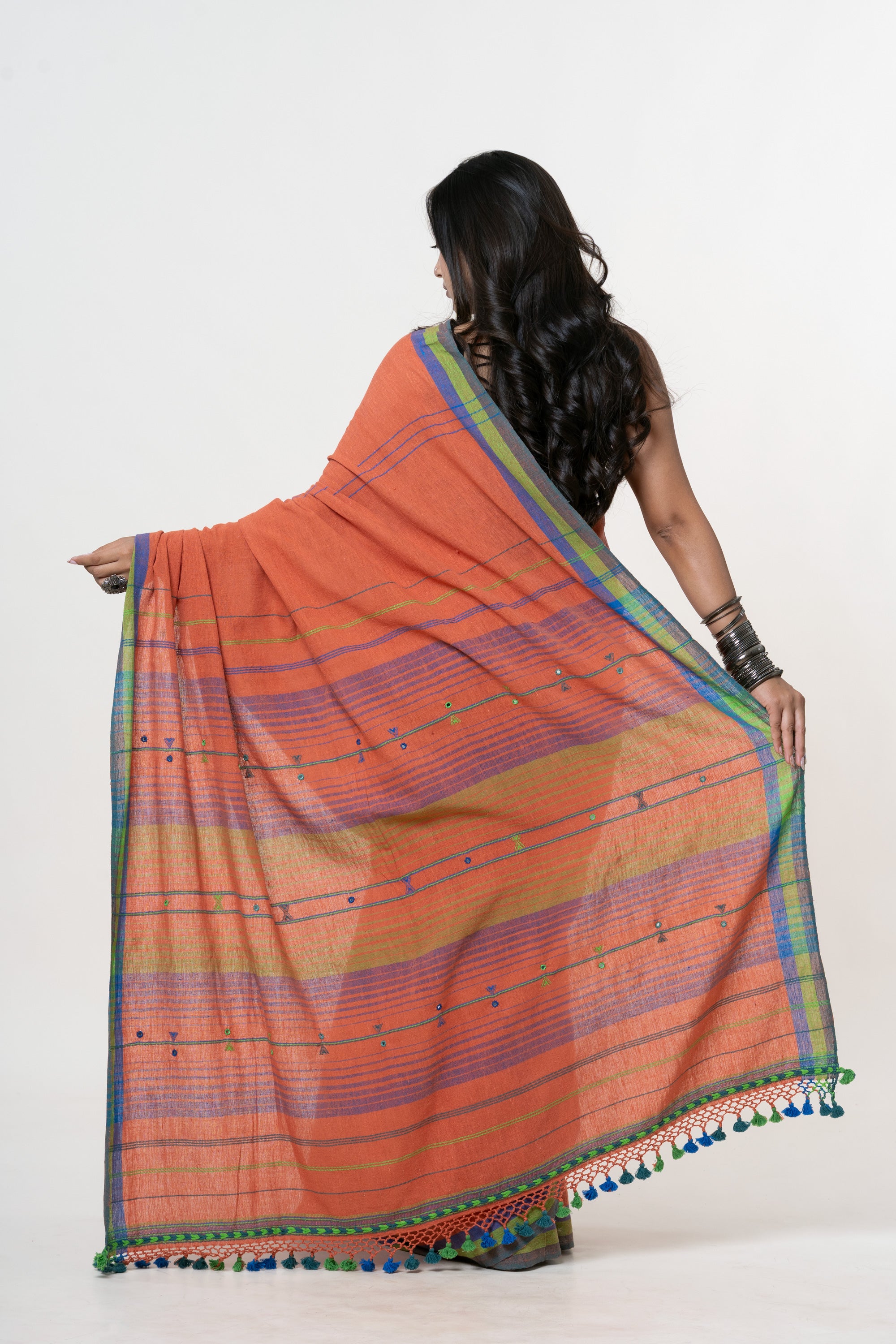 Deep Terracotta Orange Bhujodi Handwoven Kala Cotton Saree with Cobalt Blue and Lime Green Motifs