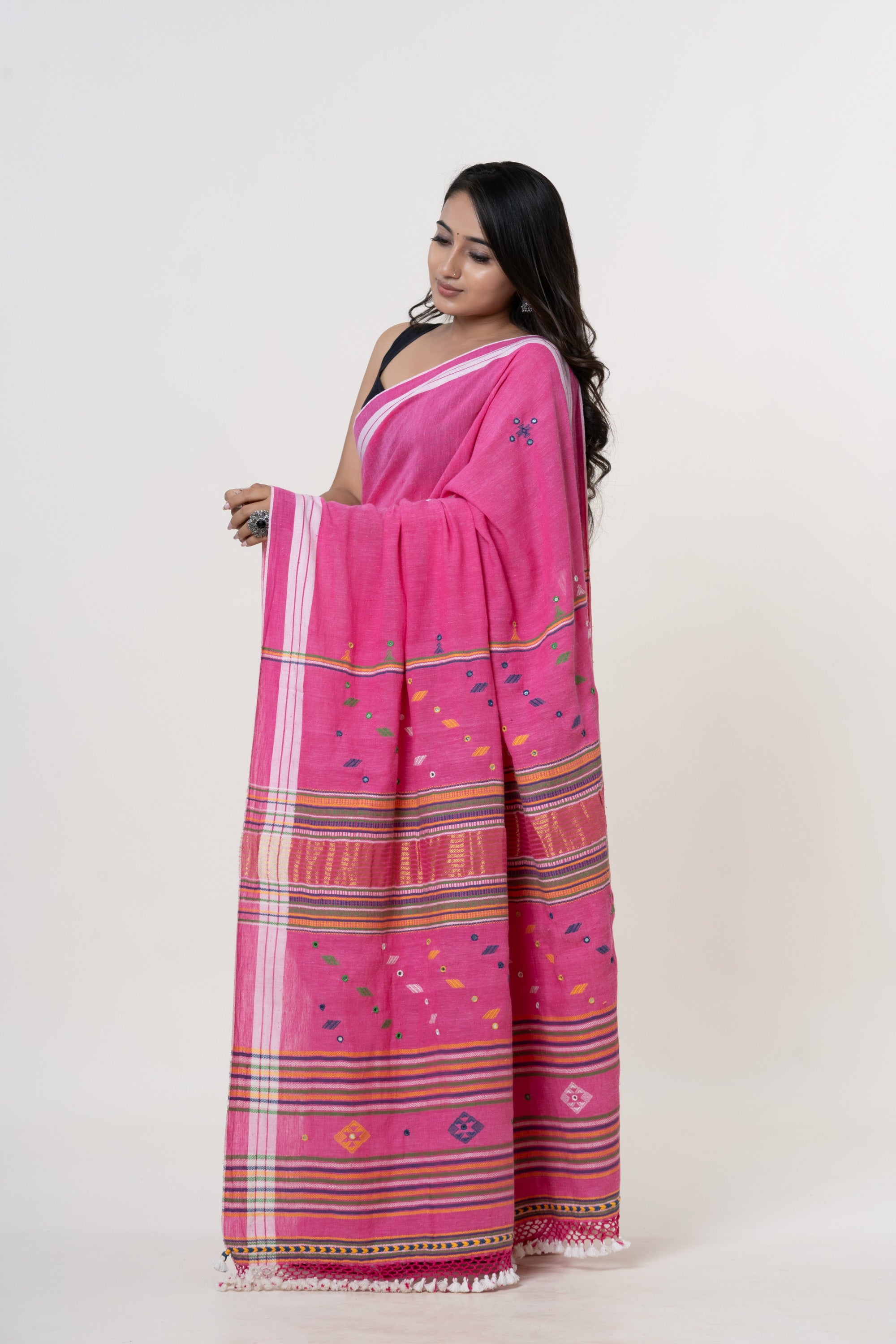 Vibrant Pink Bhujodi Handwoven Kala Cotton Saree with Multi-colored Motifs