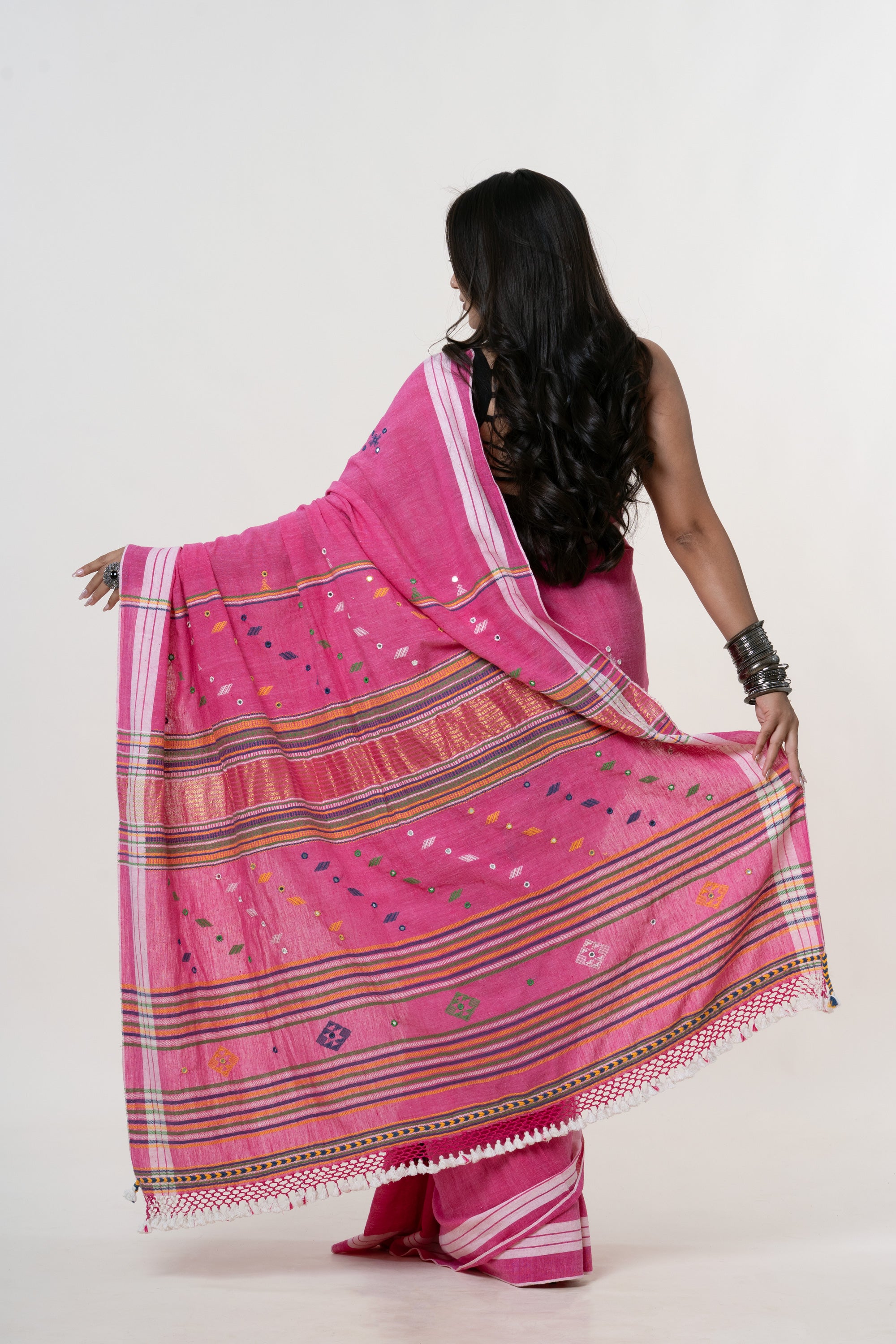 Vibrant Pink Bhujodi Handwoven Kala Cotton Saree with Multi-colored Motifs