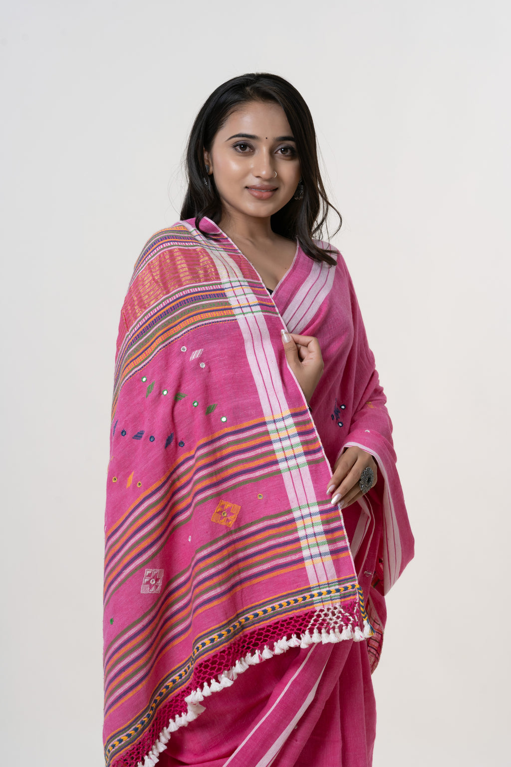 Vibrant Pink Bhujodi Handwoven Kala Cotton Saree with Multi-colored Motifs