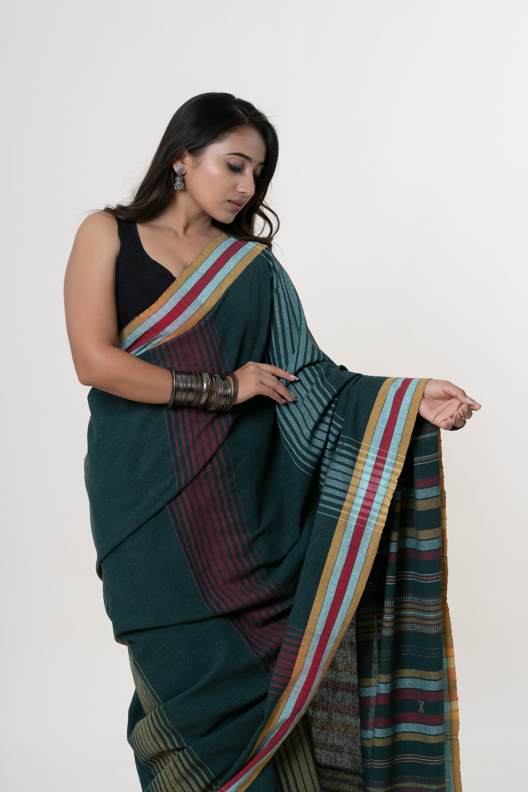 Deep Forest Green Bhujodi Handwoven Kala Cotton Saree with Multi-colored Motifs