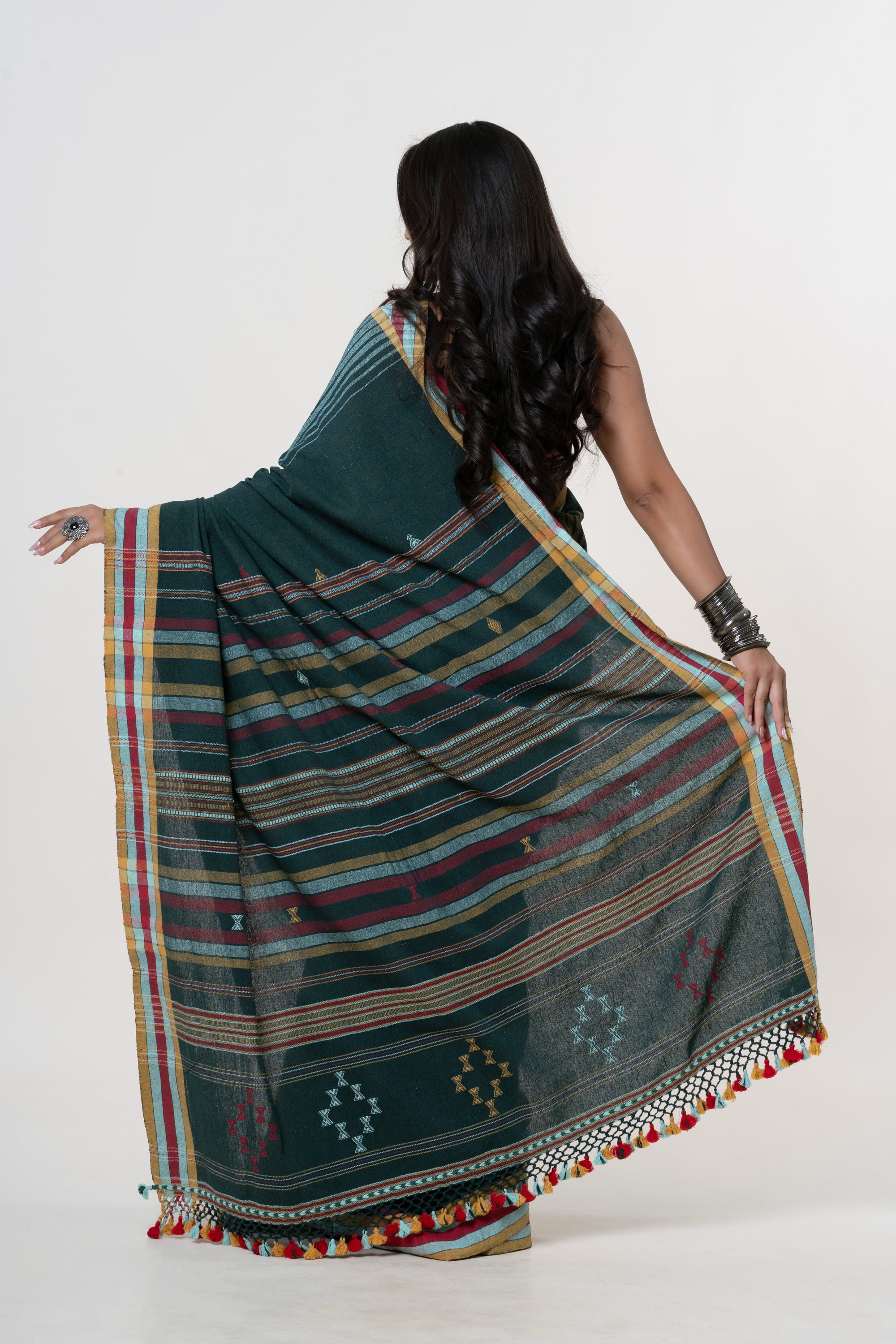 Deep Forest Green Bhujodi Handwoven Kala Cotton Saree with Multi-colored Motifs