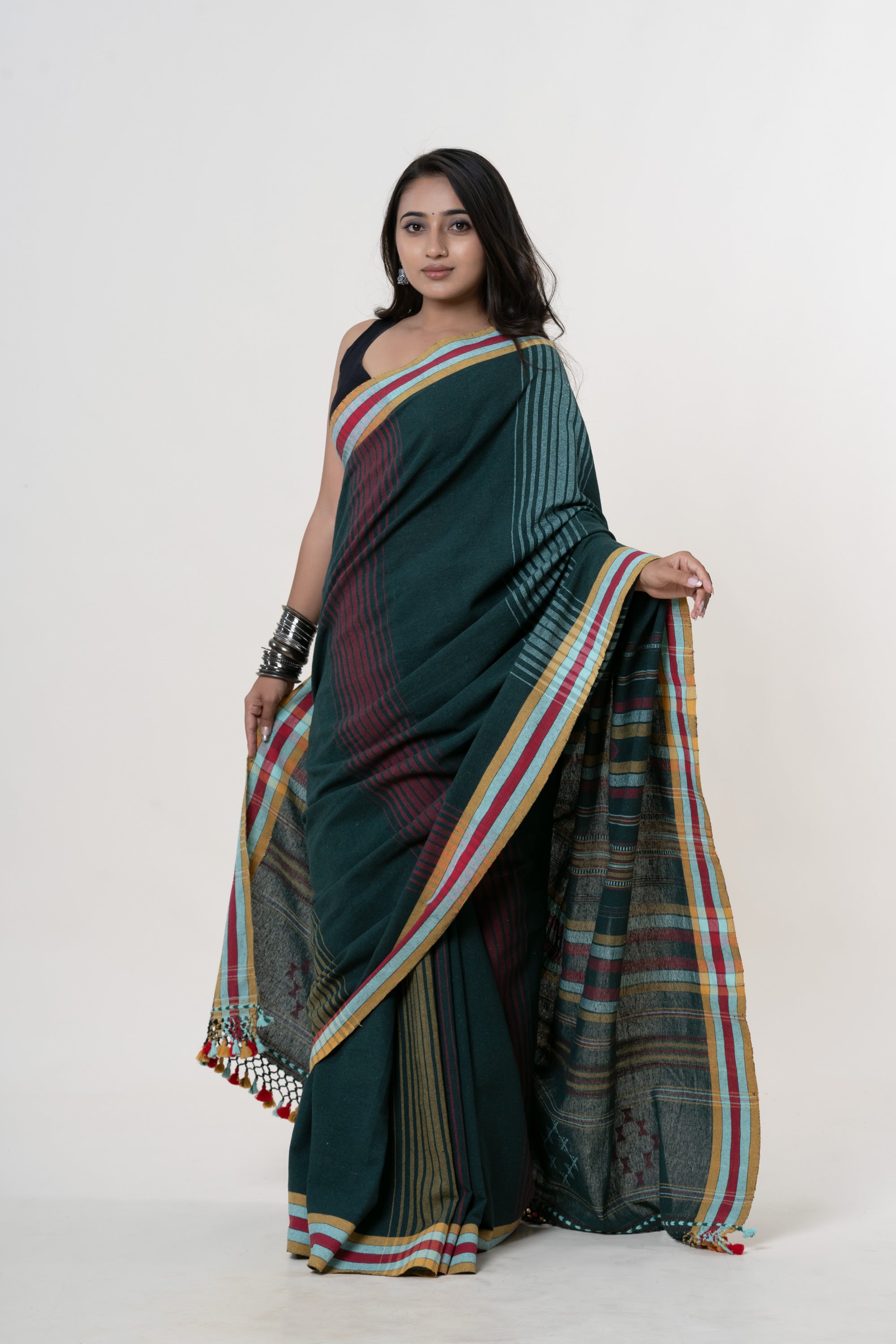 Deep Forest Green Bhujodi Handwoven Kala Cotton Saree with Multi-colored Motifs