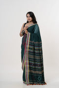 Deep Forest Green Bhujodi Handwoven Kala Cotton Saree with Multi-colored Motifs