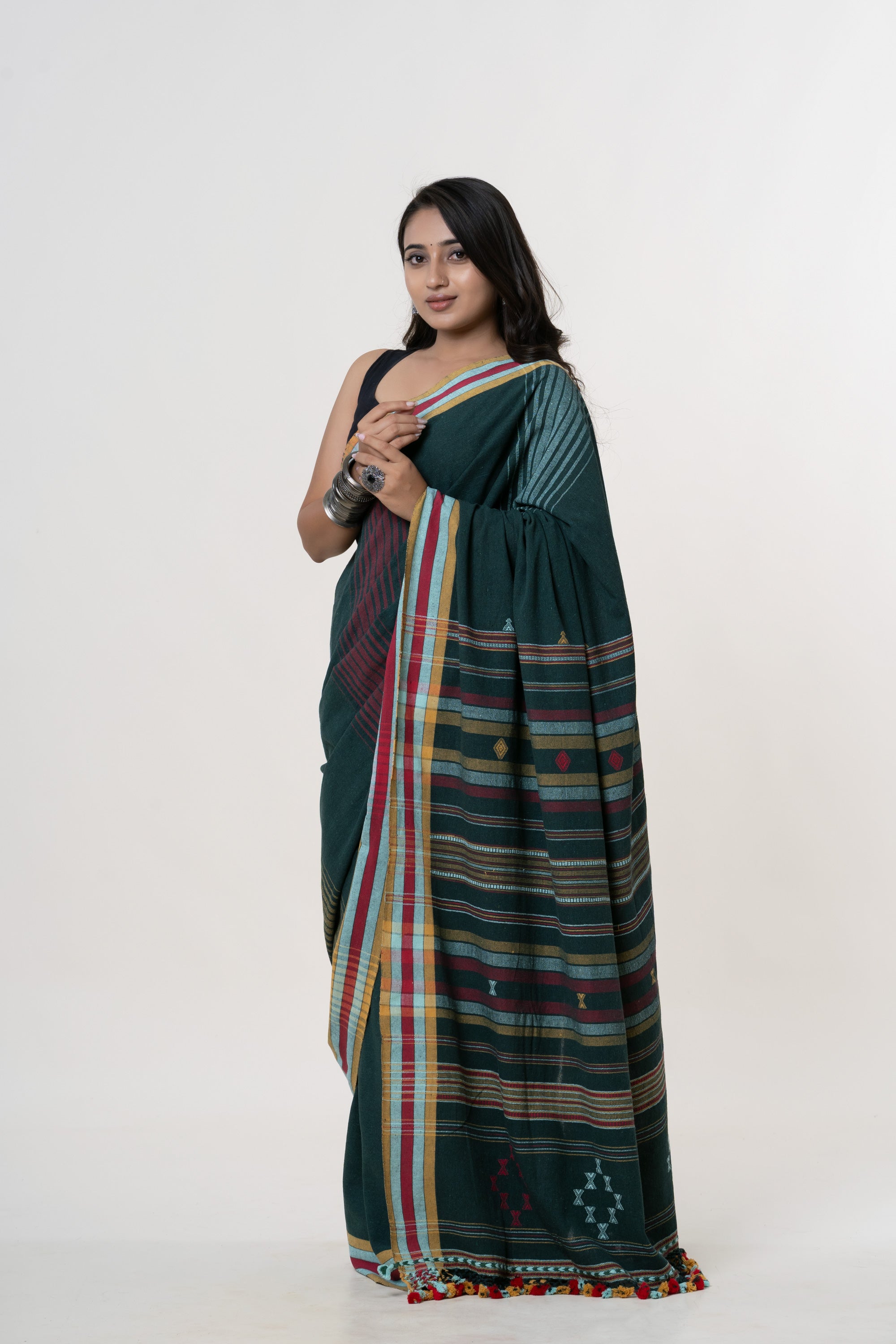 Deep Forest Green Bhujodi Handwoven Kala Cotton Saree with Multi-colored Motifs