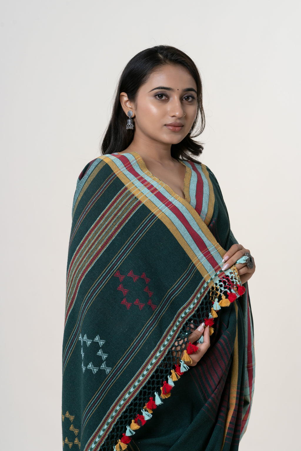 Deep Forest Green Bhujodi Handwoven Kala Cotton Saree with Multi-colored Motifs