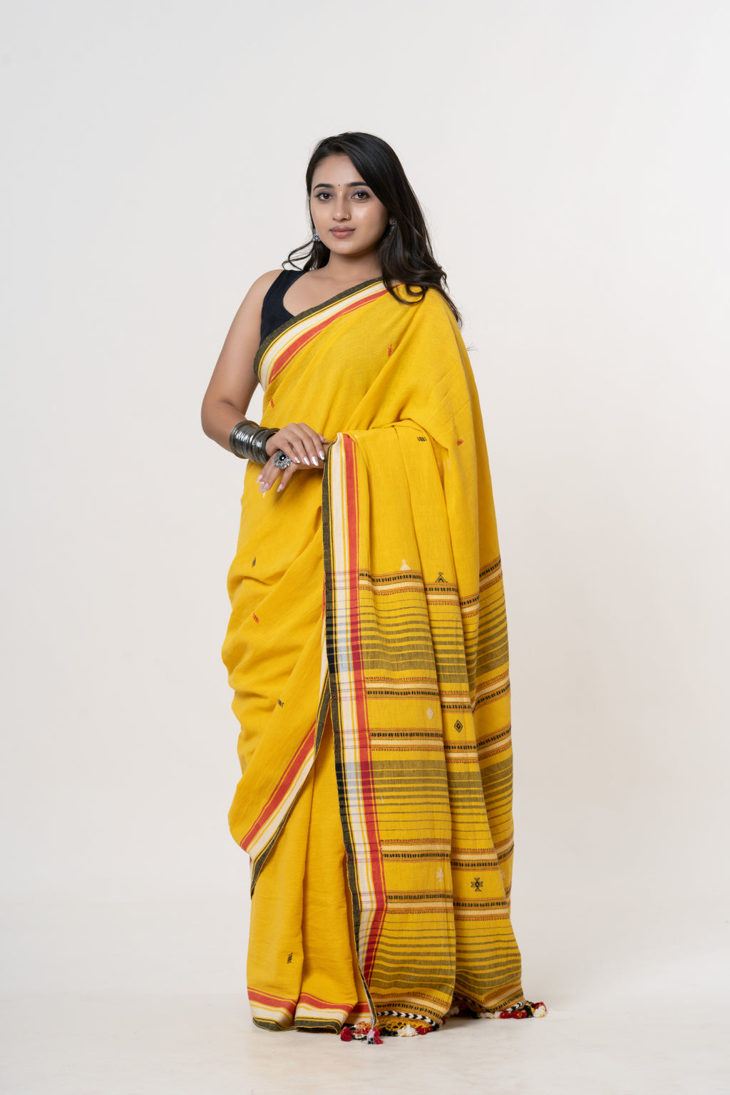 Marigold Yellow Bhujodi Handwoven Kala Cotton Saree with Multi-colored Motifs