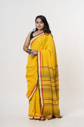 Marigold Yellow Bhujodi Handwoven Kala Cotton Saree with Multi-colored Motifs