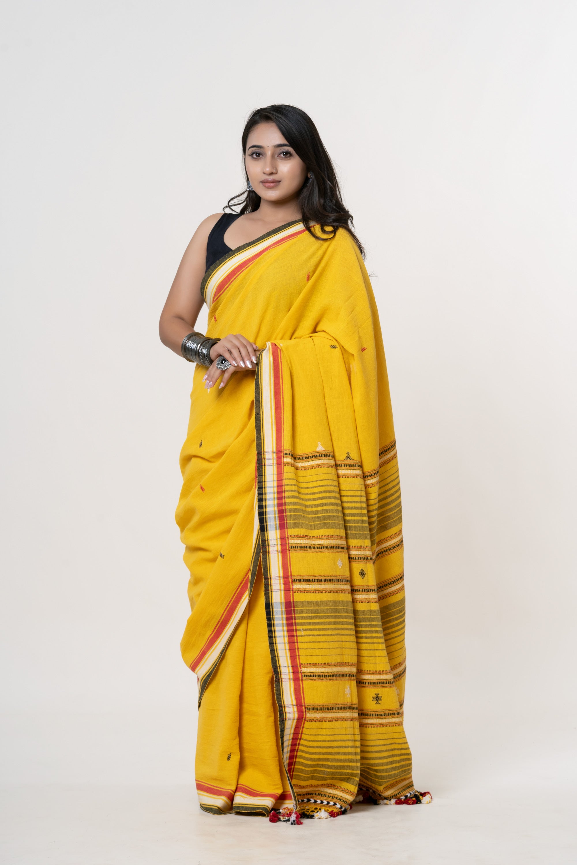 Marigold Yellow Bhujodi Handwoven Kala Cotton Saree with Multi-colored Motifs