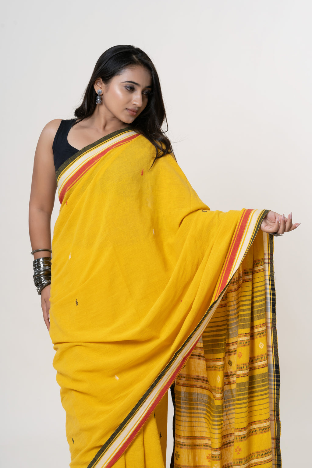 Marigold Yellow Bhujodi Handwoven Kala Cotton Saree with Multi-colored Motifs