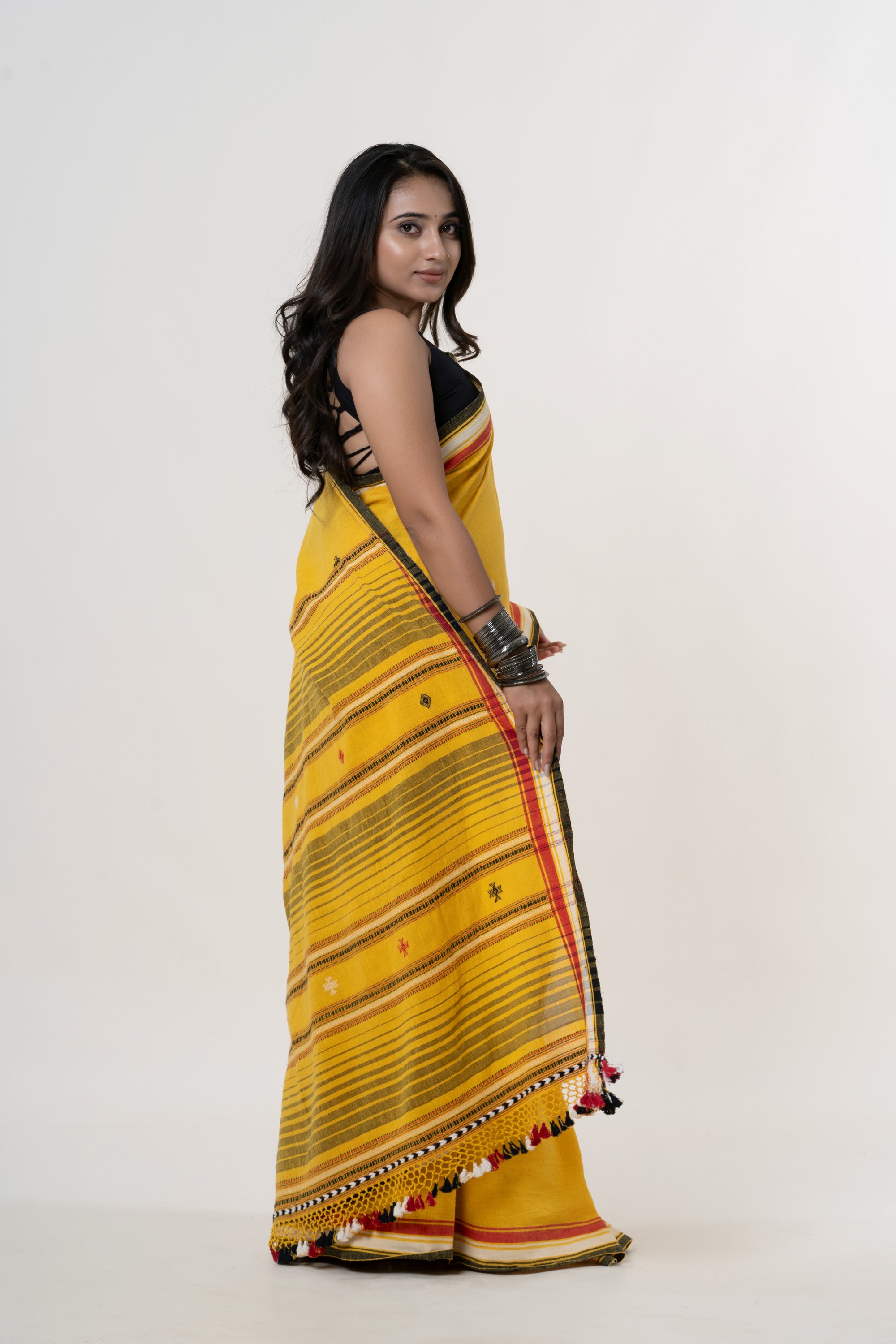 Marigold Yellow Bhujodi Handwoven Kala Cotton Saree with Multi-colored Motifs