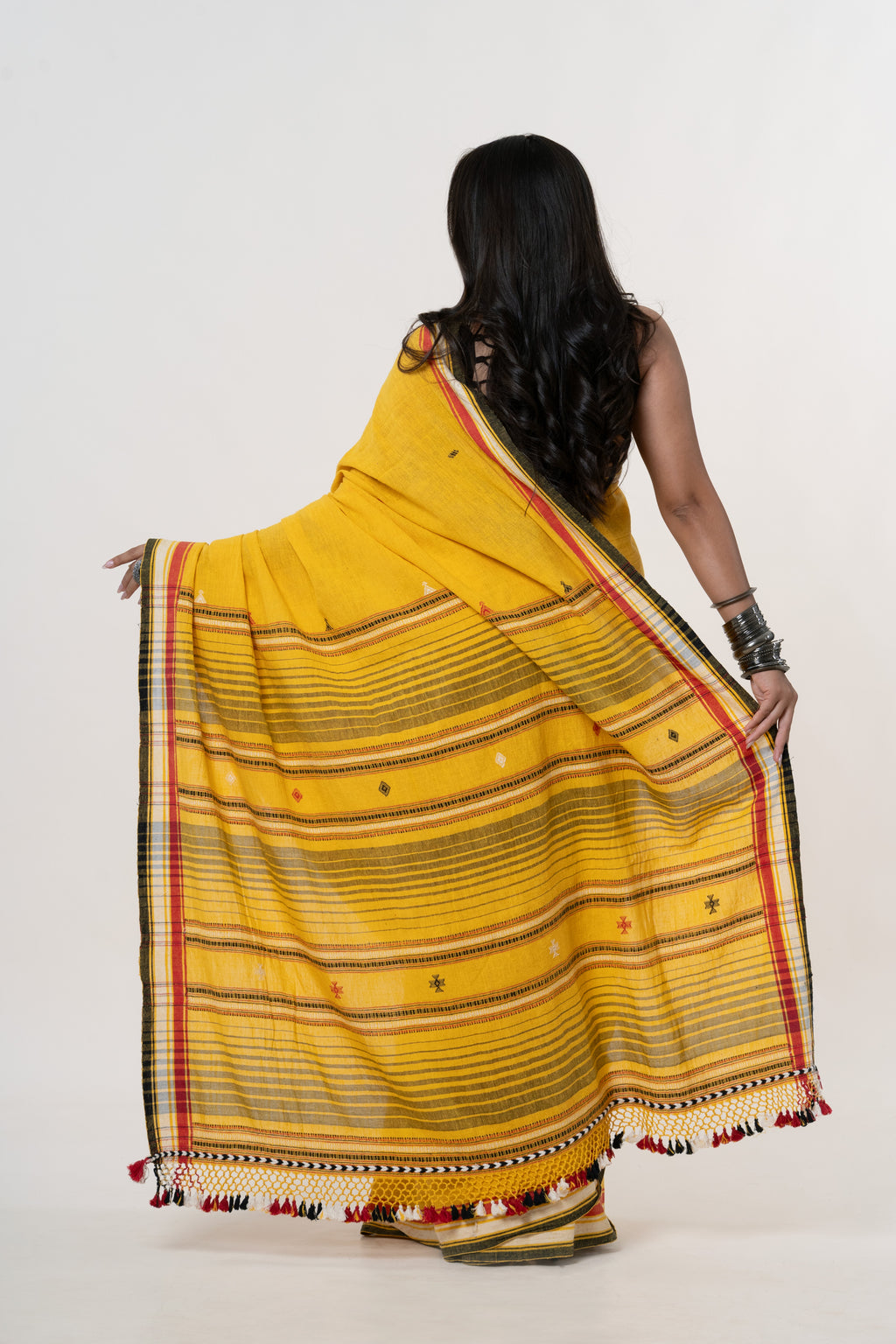 Marigold Yellow Bhujodi Handwoven Kala Cotton Saree with Multi-colored Motifs