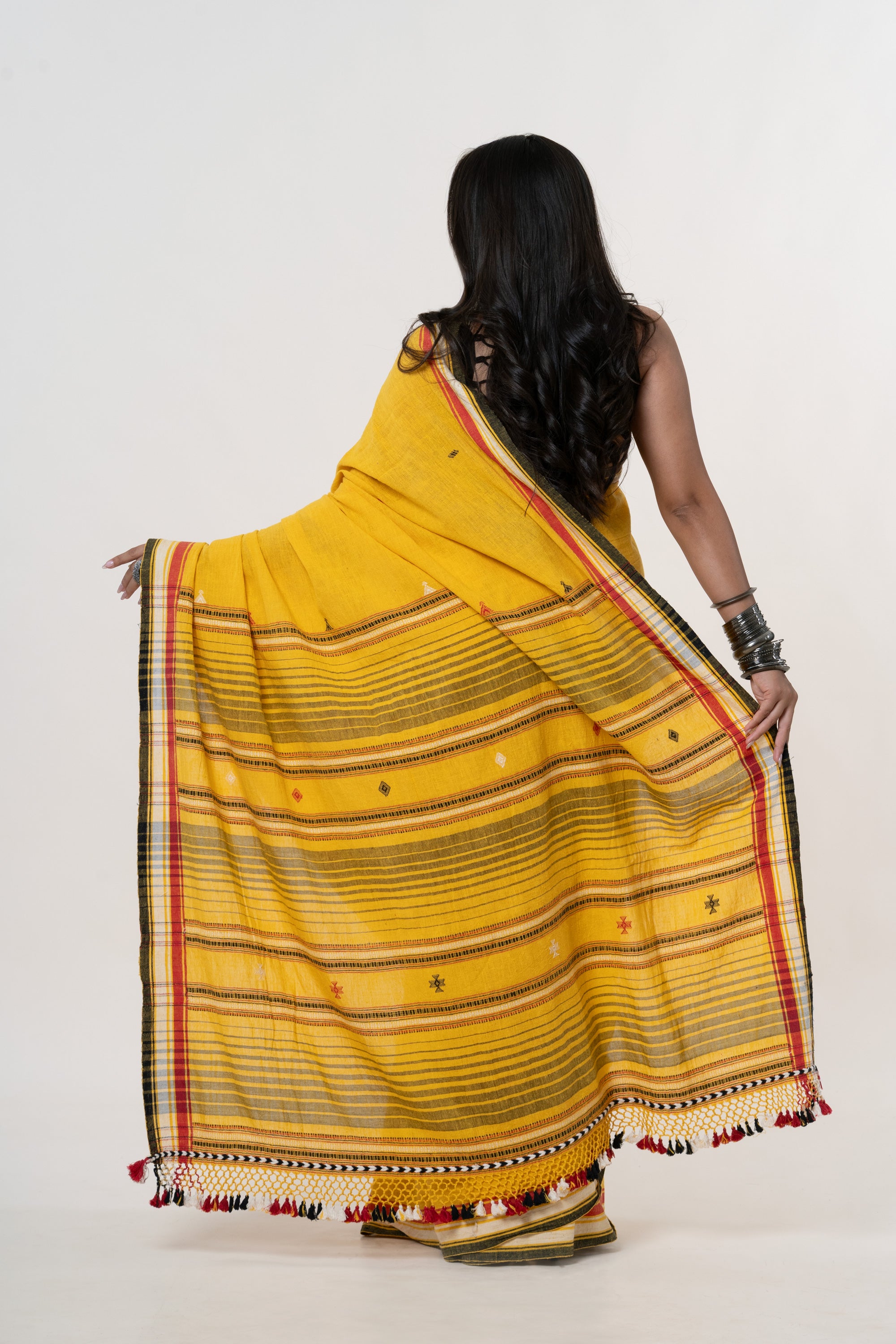 Marigold Yellow Bhujodi Handwoven Kala Cotton Saree with Multi-colored Motifs