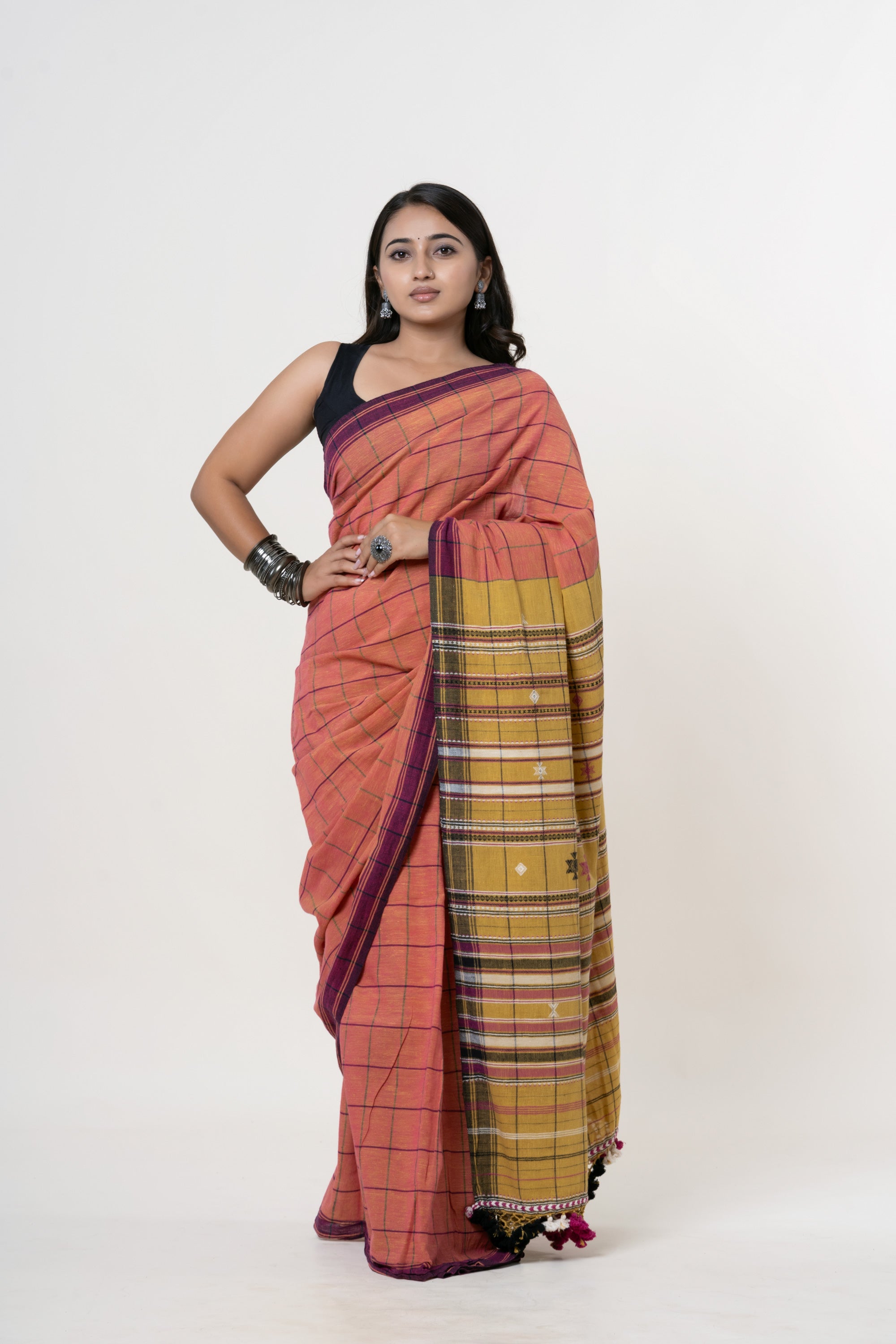 Dusty Rose-Terracotta Bhujodi Handwoven Kala Cotton Saree with Mustard/Ochre and Plum Motifs