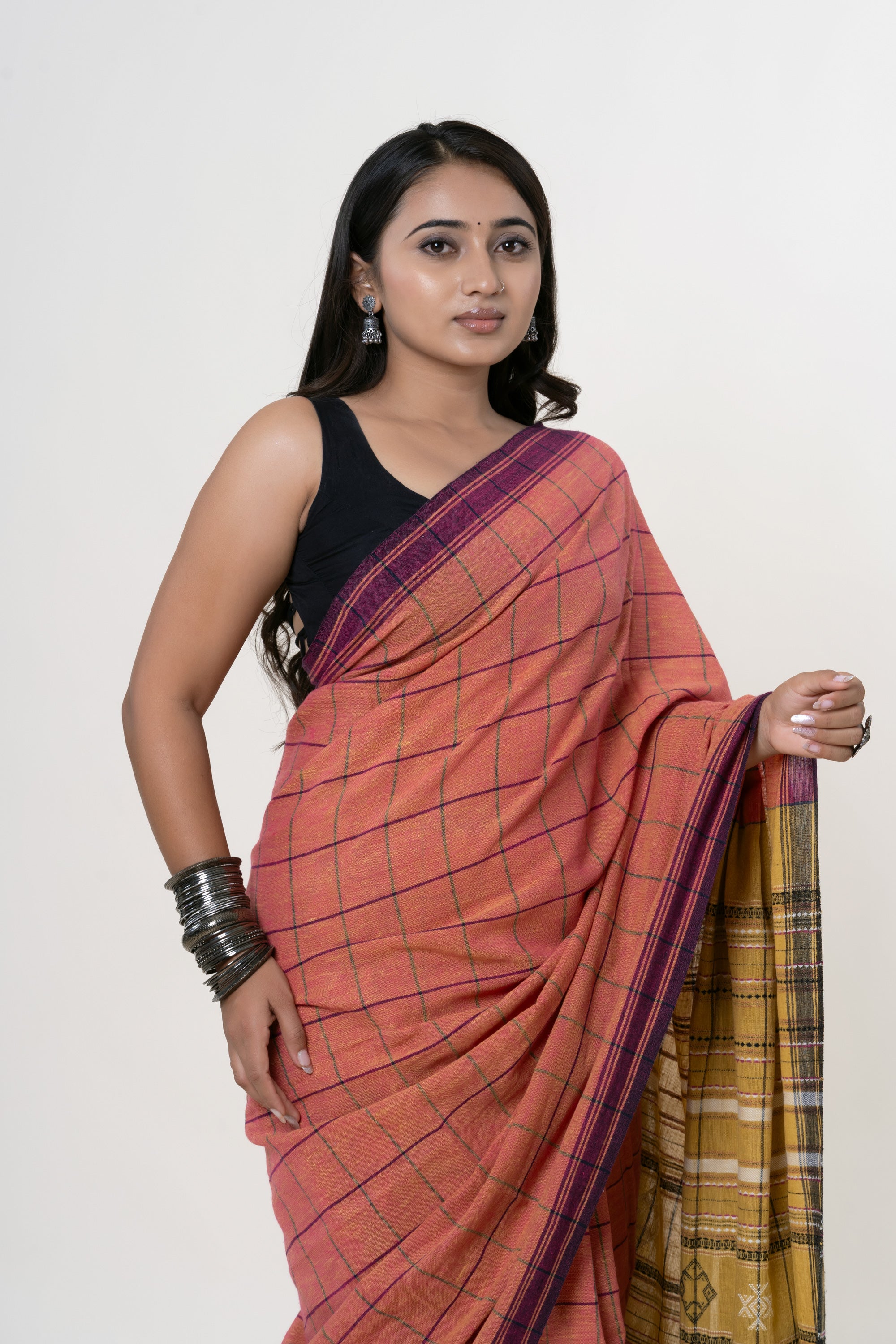 Dusty Rose-Terracotta Bhujodi Handwoven Kala Cotton Saree with Mustard/Ochre and Plum Motifs