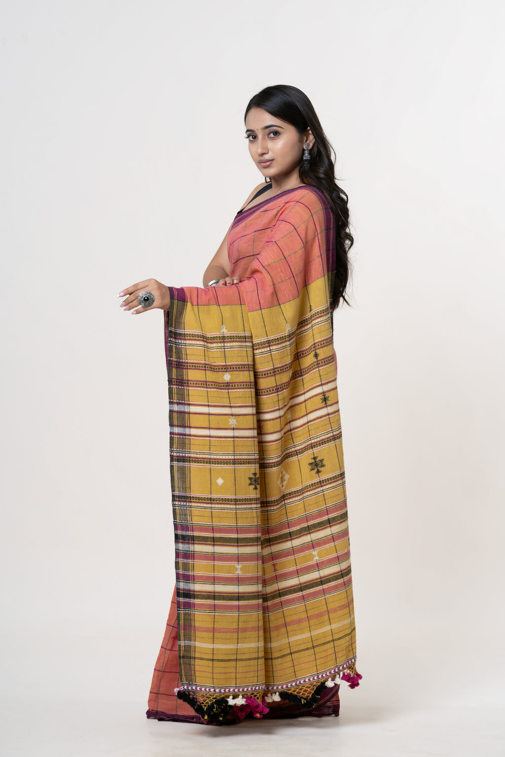 Dusty Rose-Terracotta Bhujodi Handwoven Kala Cotton Saree with Mustard/Ochre and Plum Motifs