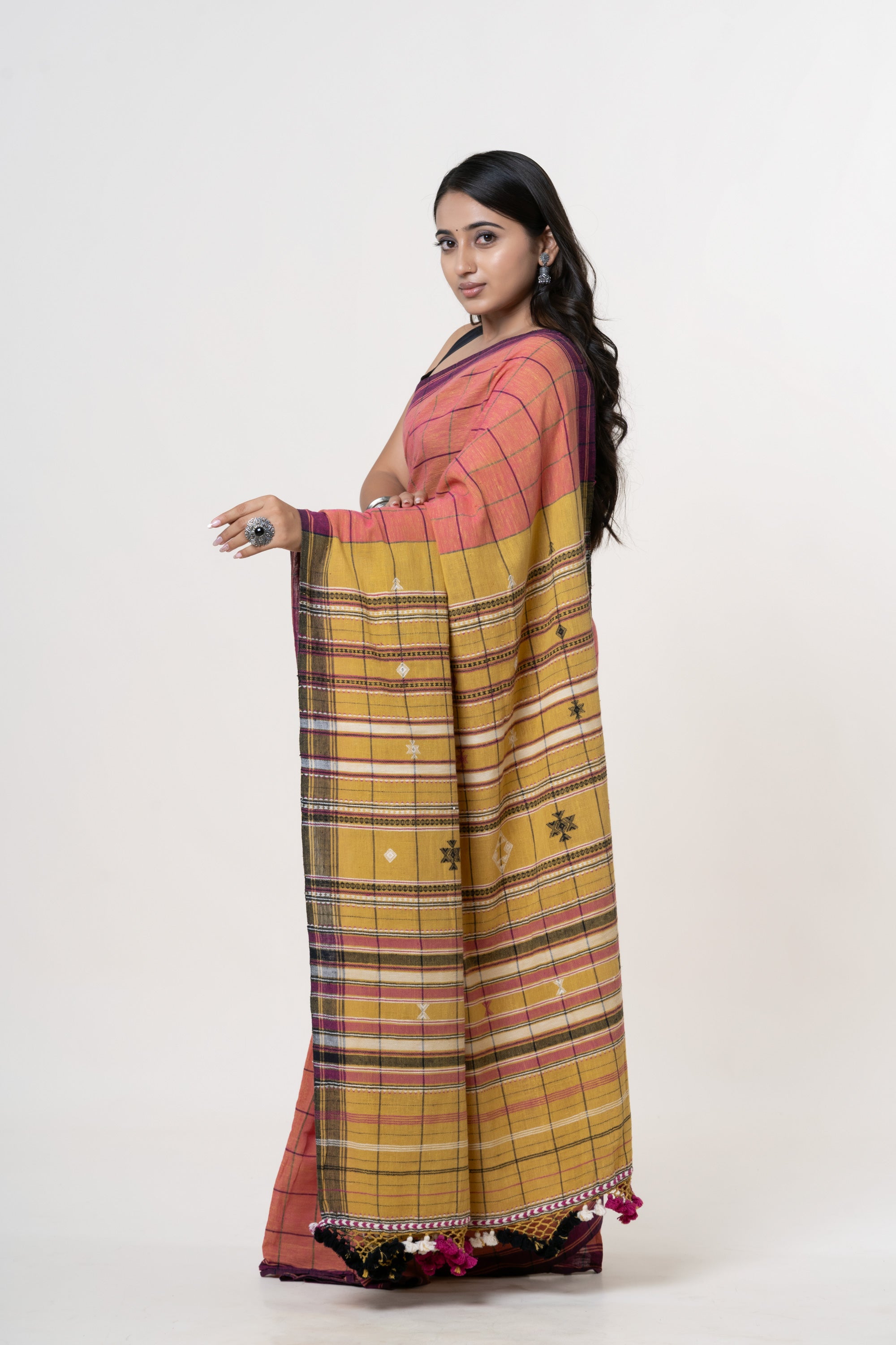 Dusty Rose-Terracotta Bhujodi Handwoven Kala Cotton Saree with Mustard/Ochre and Plum Motifs