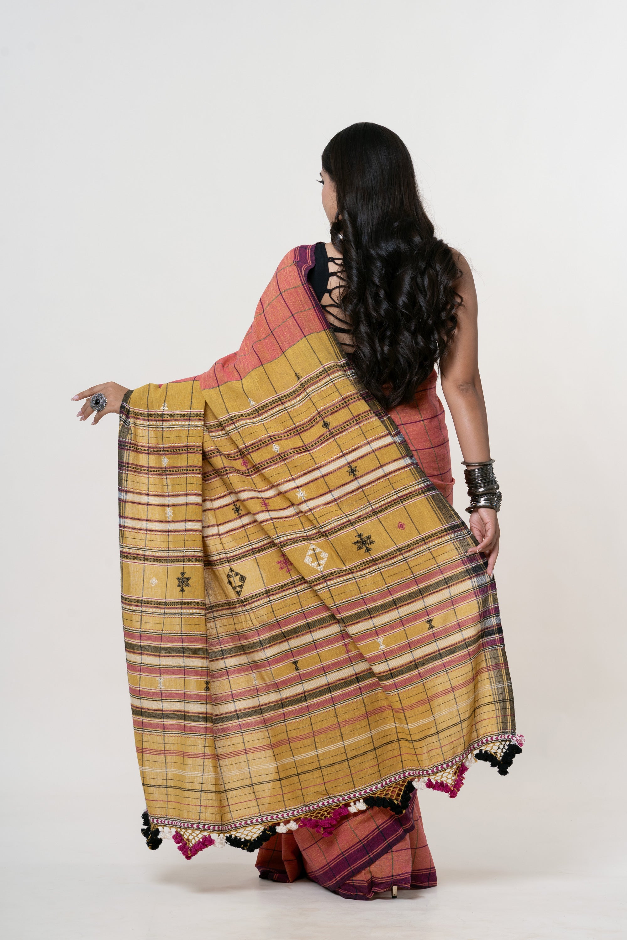 Dusty Rose-Terracotta Bhujodi Handwoven Kala Cotton Saree with Mustard/Ochre and Plum Motifs